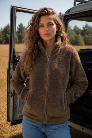 Women Tan Double Sided Coral Fur Full Zip | Soft Winter Sweatshirt