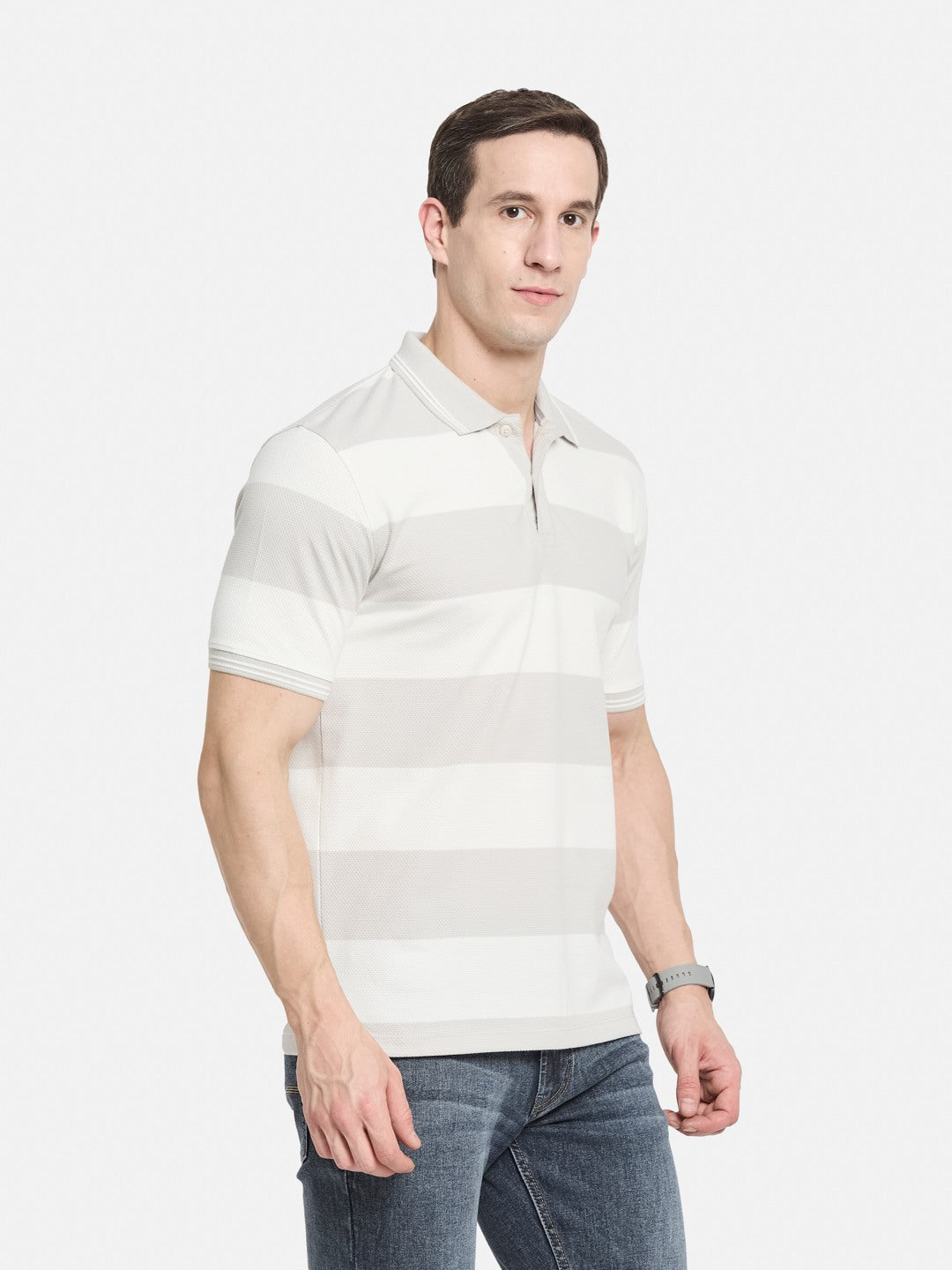 HORIZONTAL STRIPE POLO NECK POPCORN KNIT LYCRA  T-SHIRT