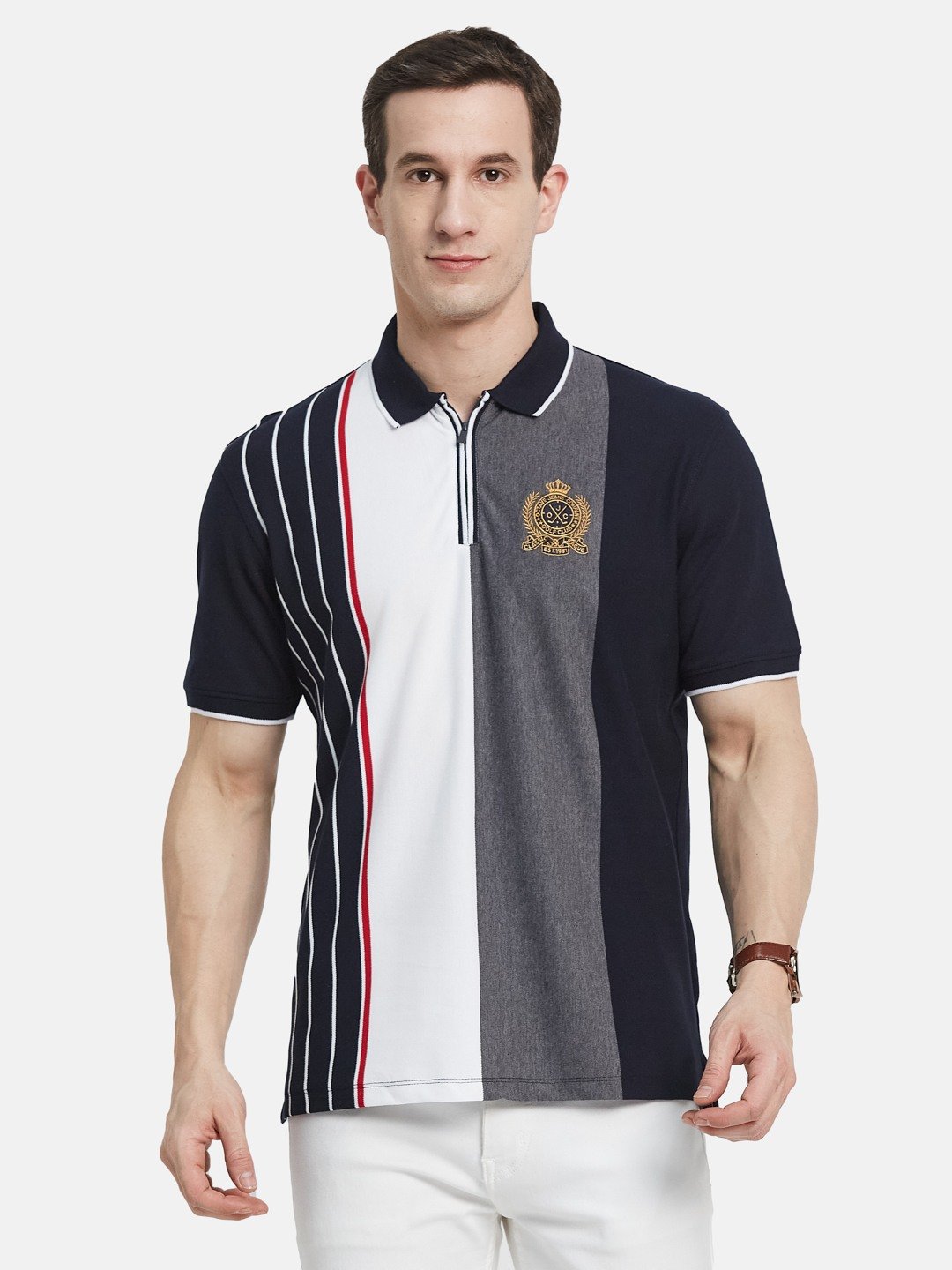 VERTICAL STRIPE HALF-ZIP POLO NECK PIQUE LYCRA T-SHIRT