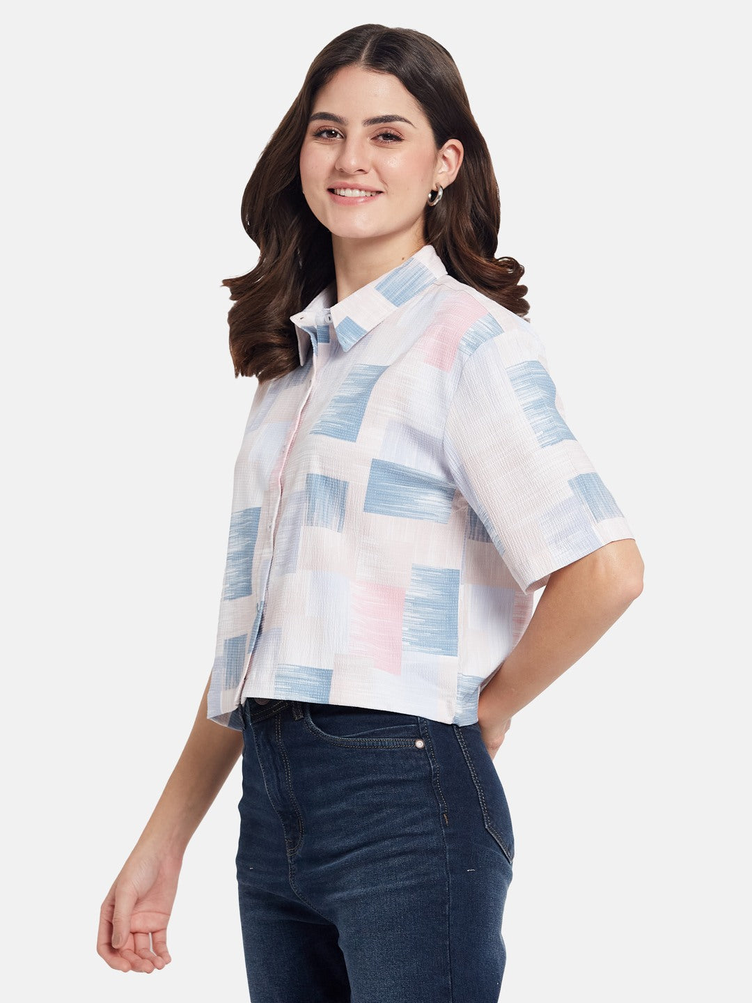 METTLE Women Boxy Fit Abstract Printed Spread Collar Cotton Casual Shirt