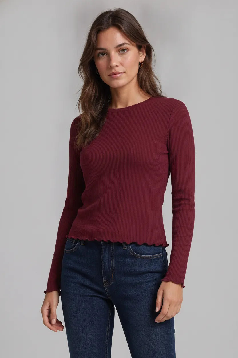 Women’s Wine Rib-Knit Viscose Round-Neck Full-Sleeve Winter Top