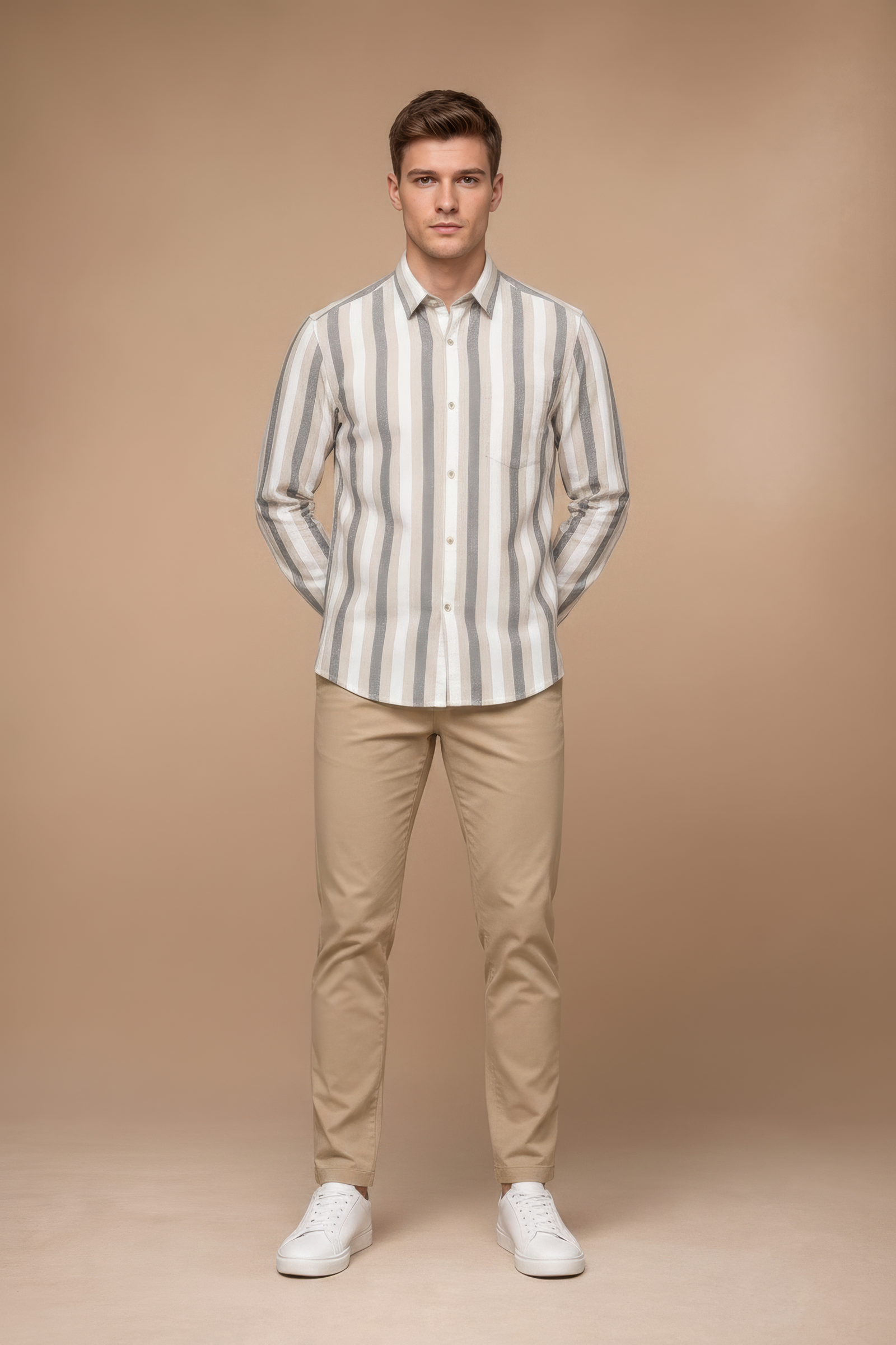 Men’s Natural Blue Striped Twill Cotton Shirt