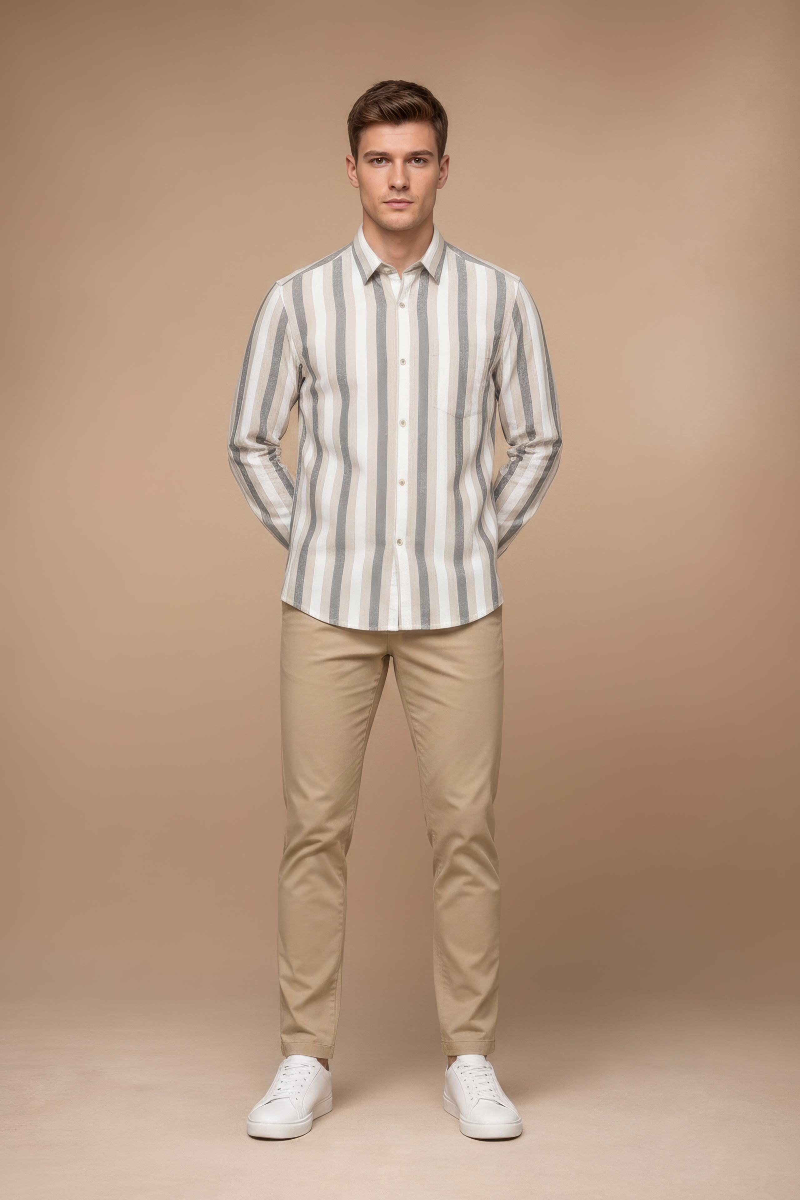 Men’s Natural Blue Striped Twill Cotton Shirt