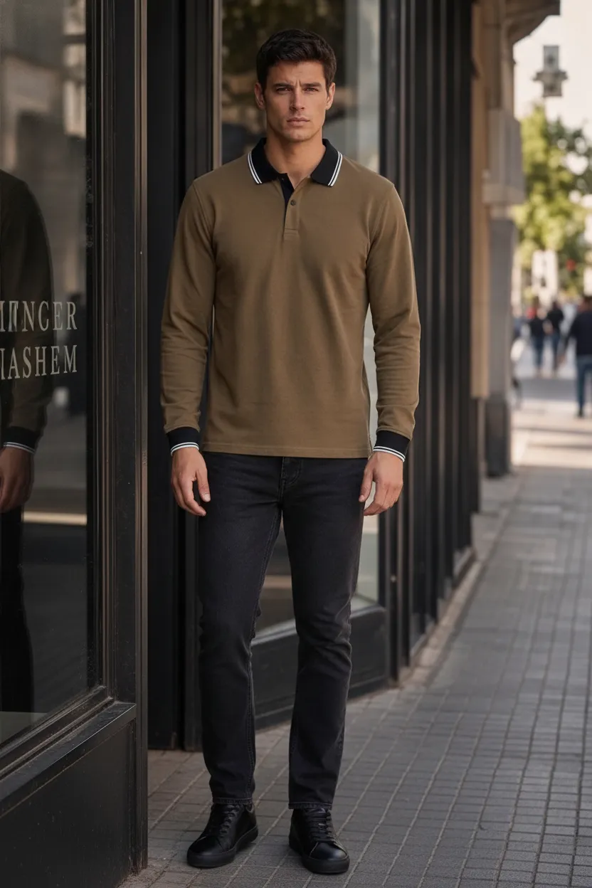 Men’s Tan Full Sleeve Polo T-Shirt | Cotton Blend Lycra Stretch
