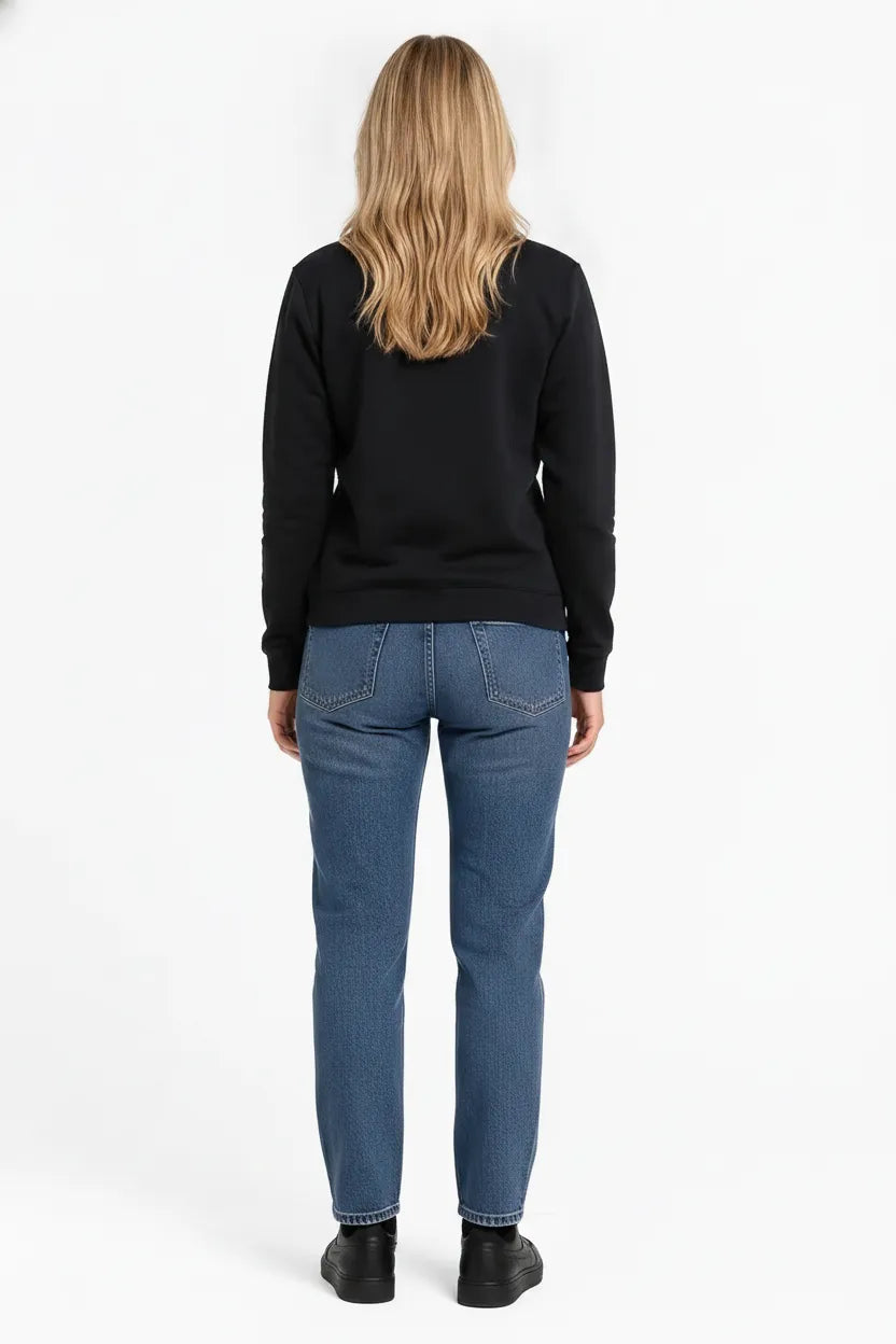 Women Black Cotton Fleece | Round Neck Full Sleeves Casual Winter Sweatshirt