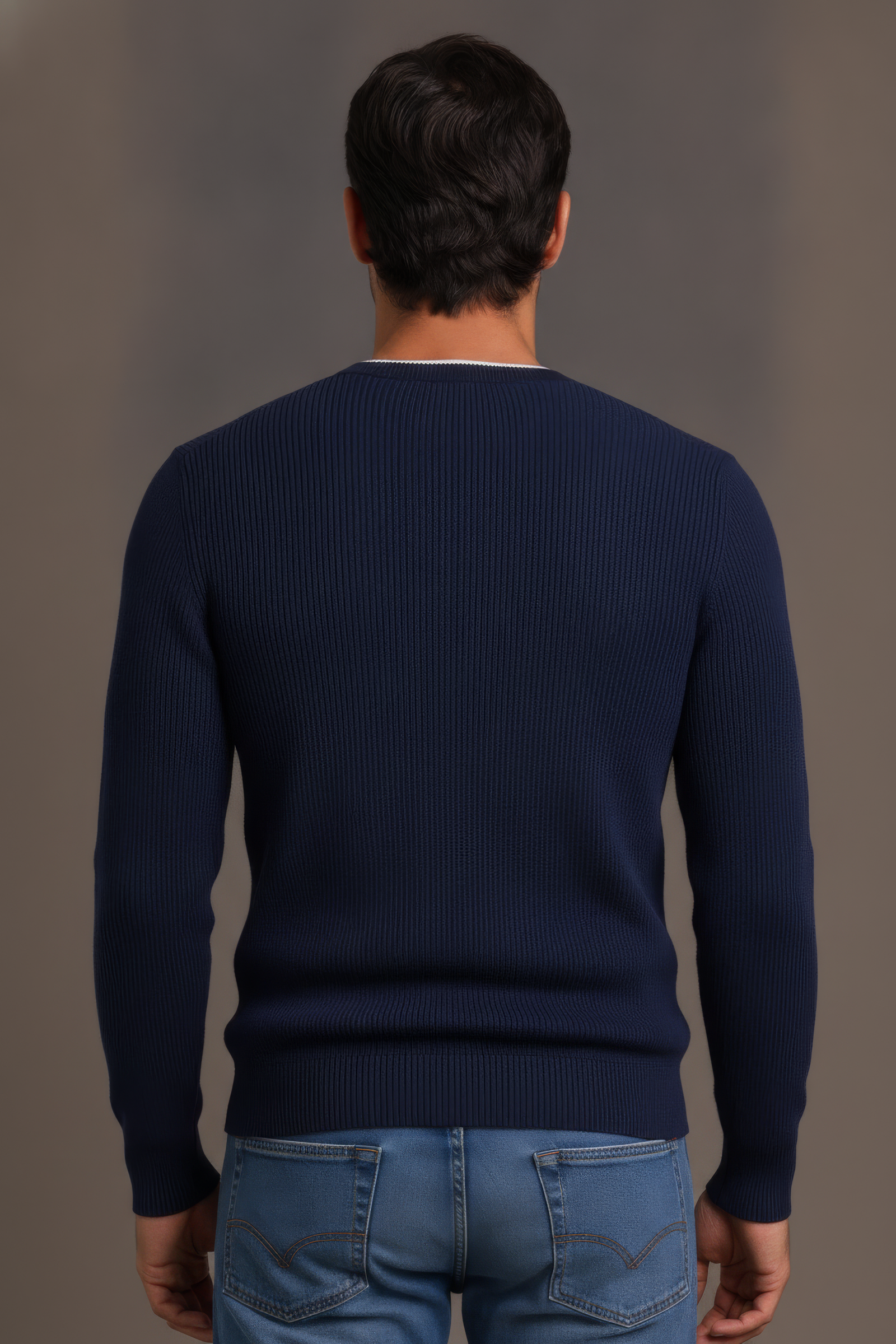Men’s Navy Structured Cotton Round-Neck Full-Sleeve Winter Top