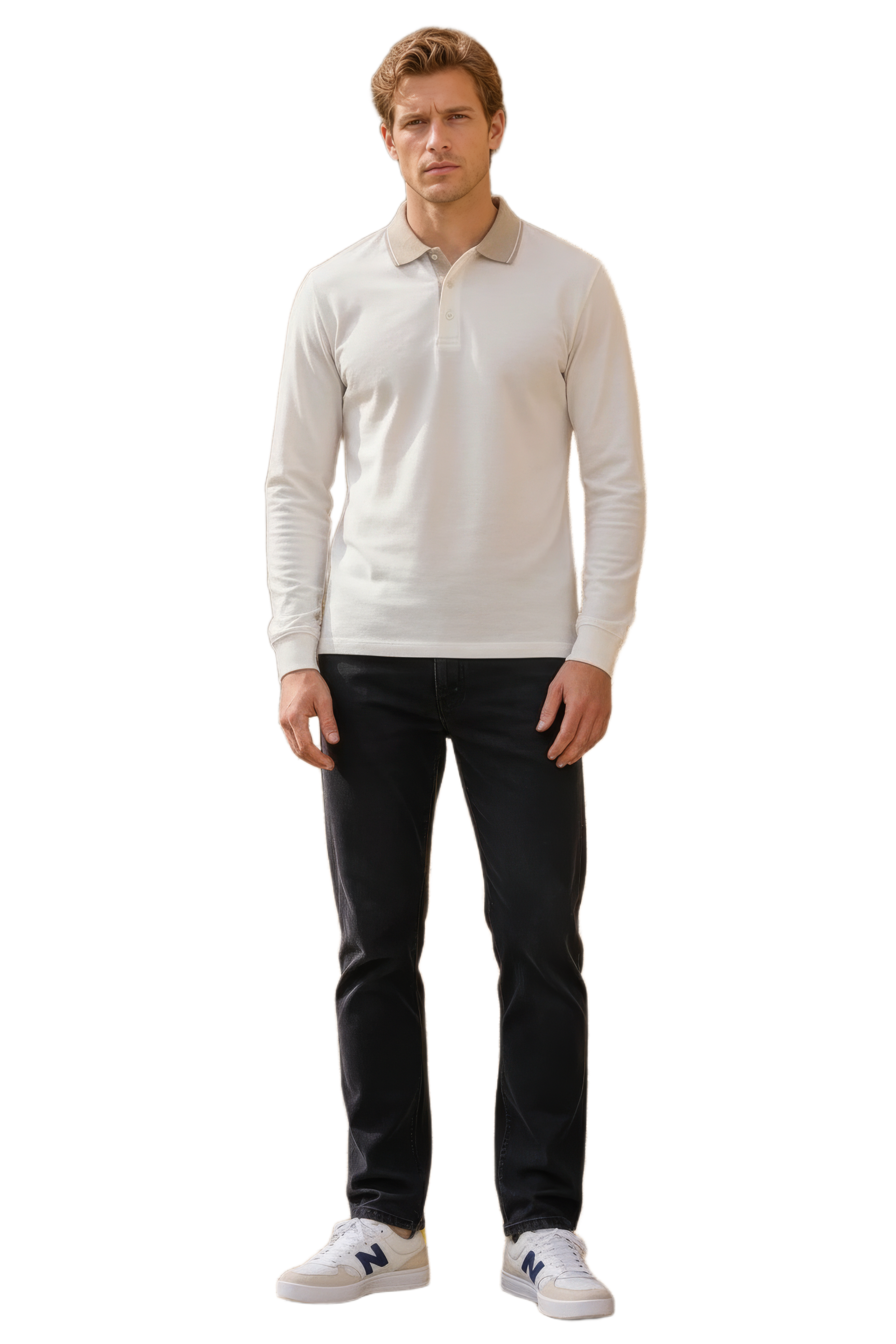 Men’s OFF WHITE  Full Sleeve Polo T-Shirt – Cotton Blend Lycra Stretch  | Contrast Collar