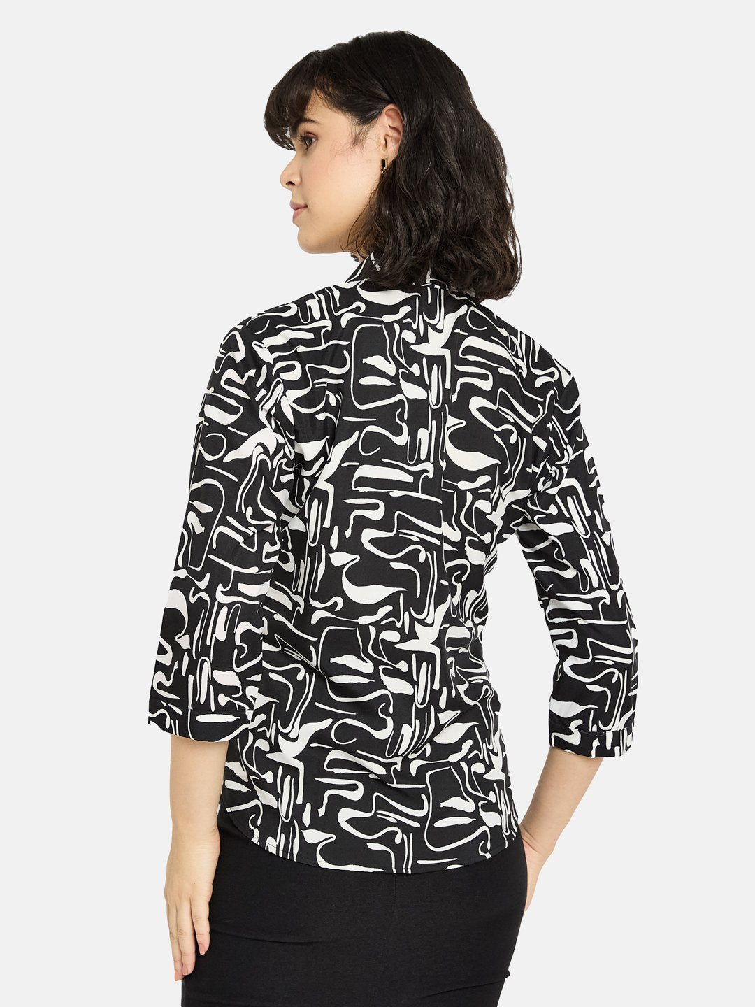 METTLE Women Black Abstract Printed Spread Collar Cotton Casual Shirt