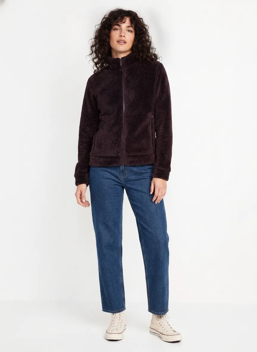 Women’s Wine Coral Fur Full-Zip Sweatshirt with Standing Collar and Side Pockets