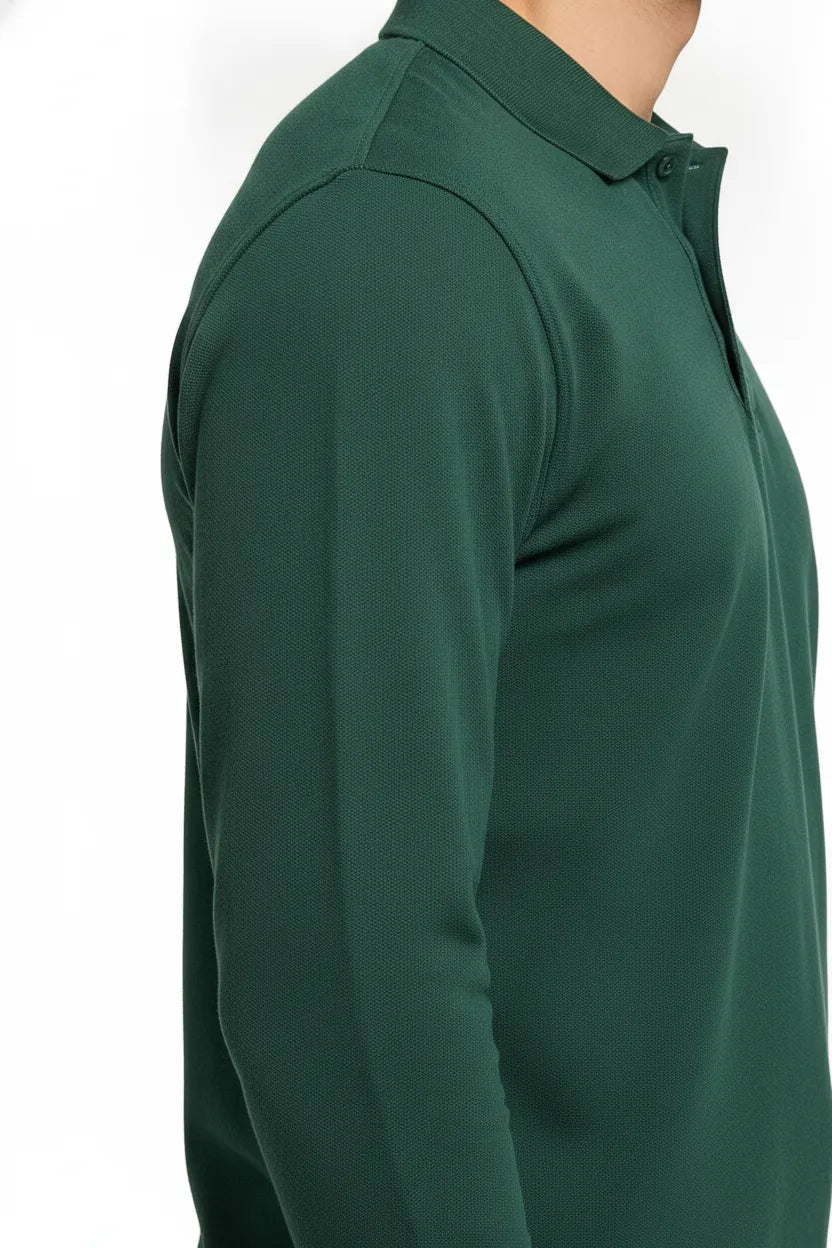 Men's Hunter Green Full Sleeve Cotton Pique Polo T-Shirt | Premium Pre-Winter Casual Polo