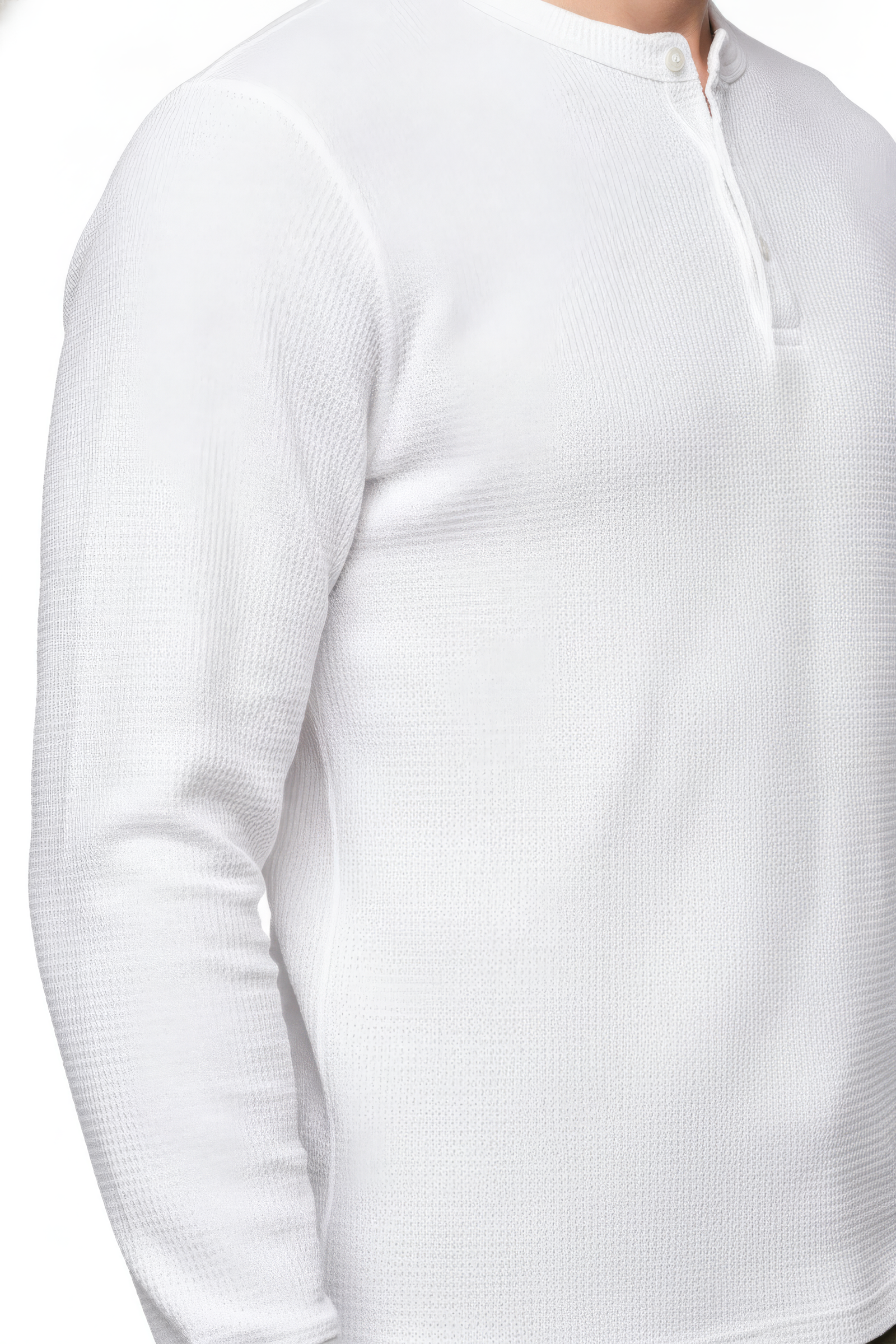 Men’s White Full Sleeve Mandarin Collar T-Shirt | Cotton Blended Seersucker Fabric