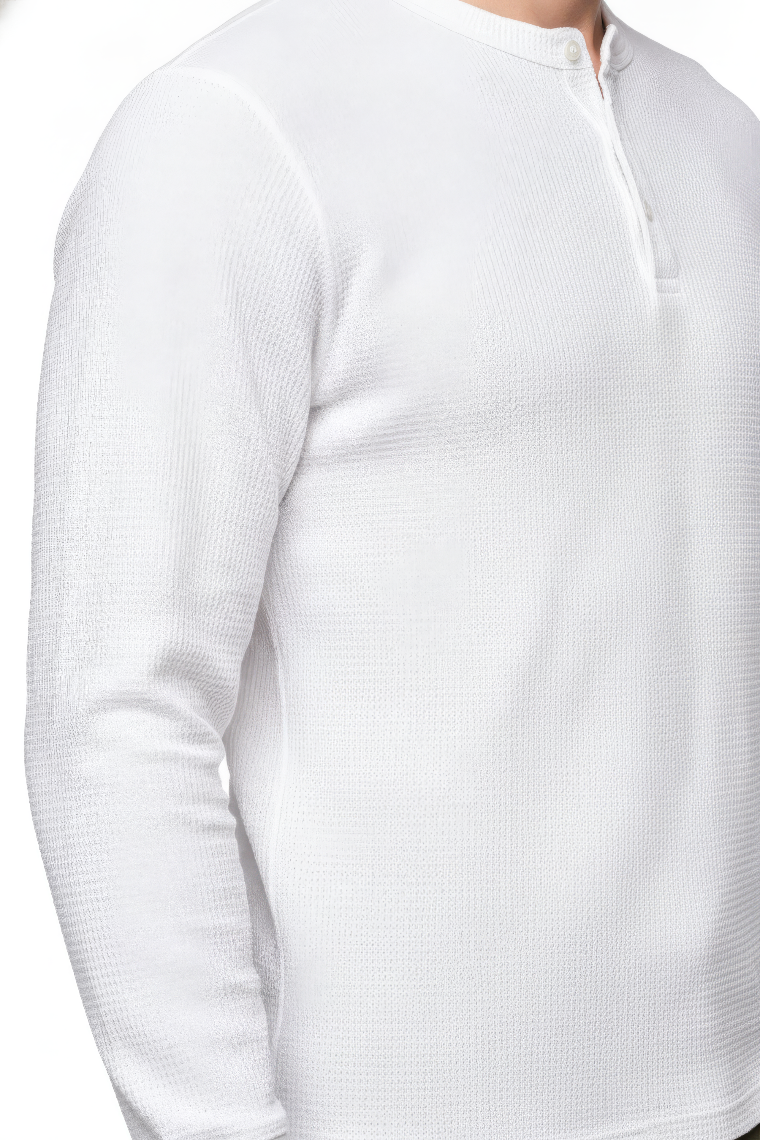 Men’s White Full Sleeve Mandarin Collar T-Shirt | Cotton Blended Seersucker Fabric