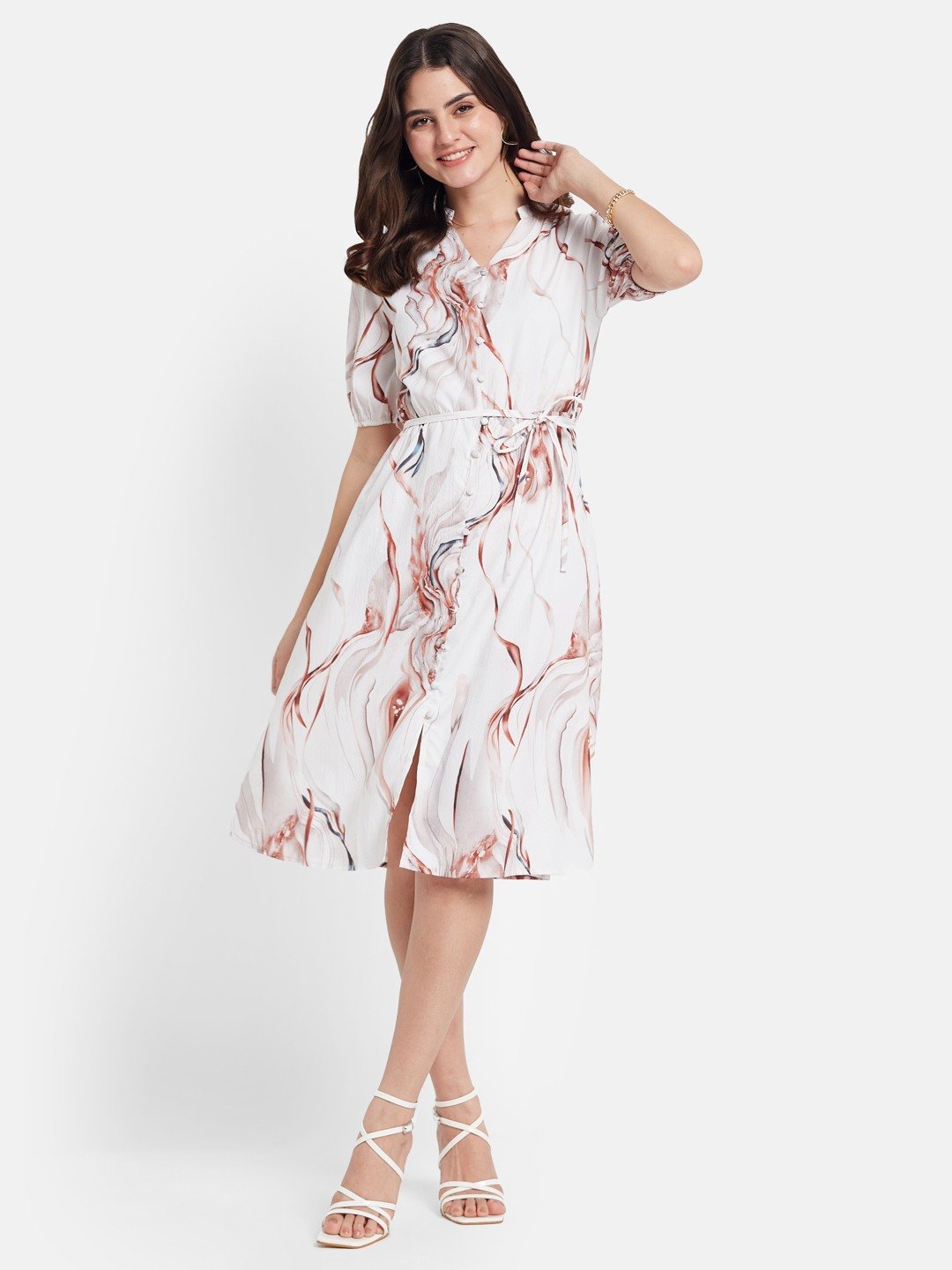 METTLE Women Abstract Print Tie-Ups Puff Sleeves Fit & Flare Dress