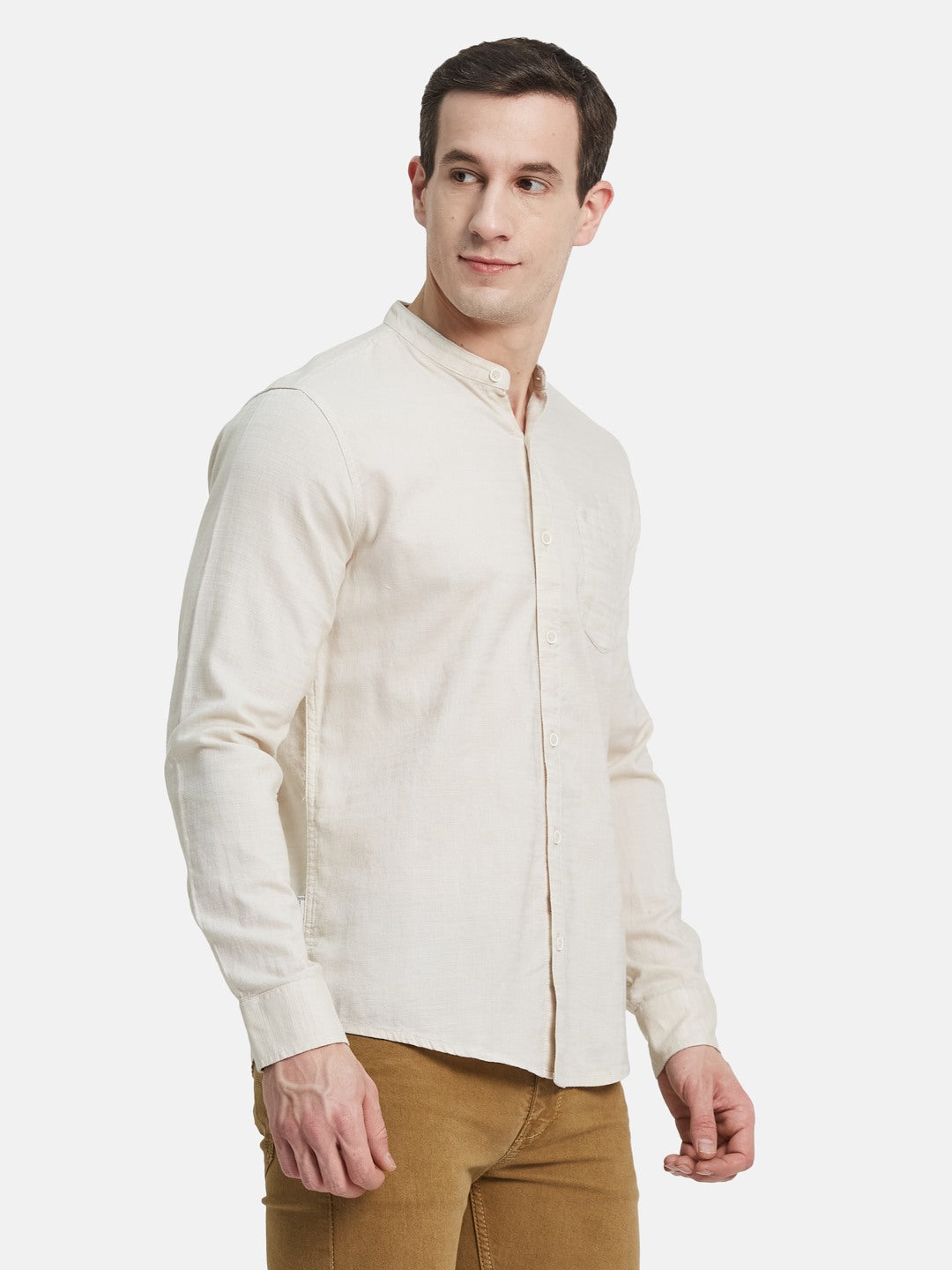 METTLE Men Band Collar Solid Cotton Casual Shirt