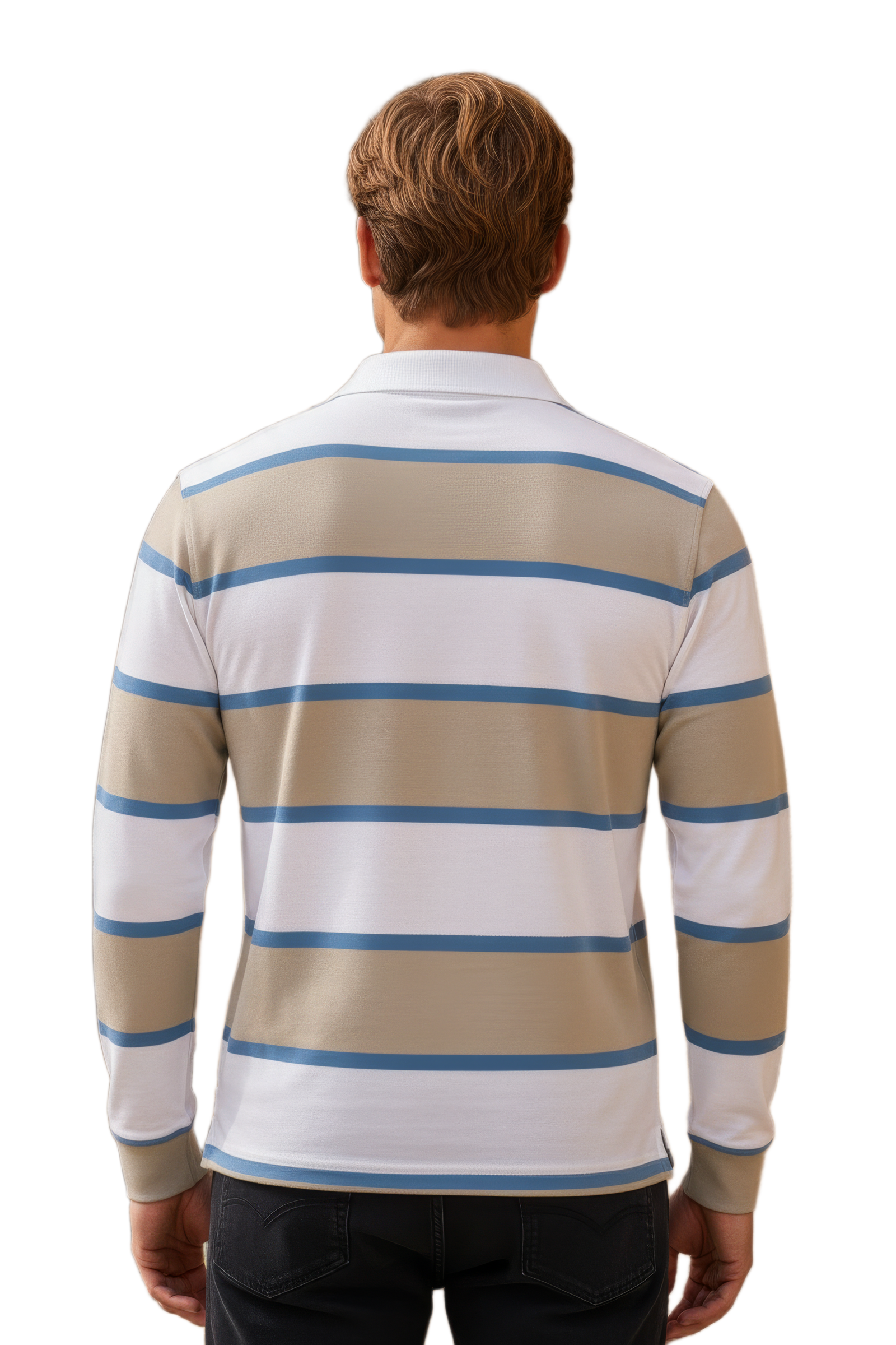 Men’s Stone Rugby Stripe Full Sleeve Polo T-Shirt | Cotton Blended Seersucker Fabric