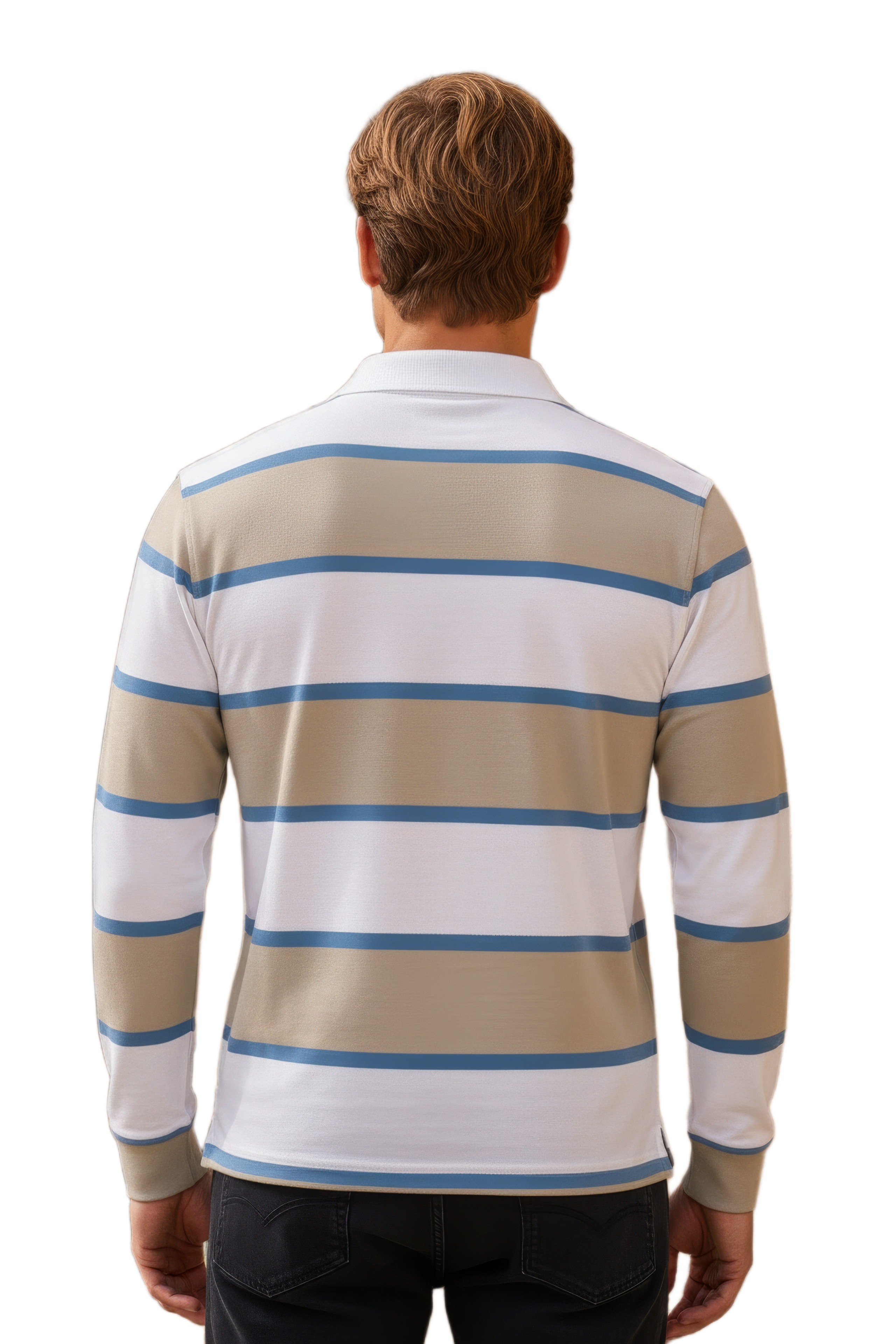 Men’s Stone Rugby Stripe Full Sleeve Polo T-Shirt | Cotton Blended Seersucker Fabric
