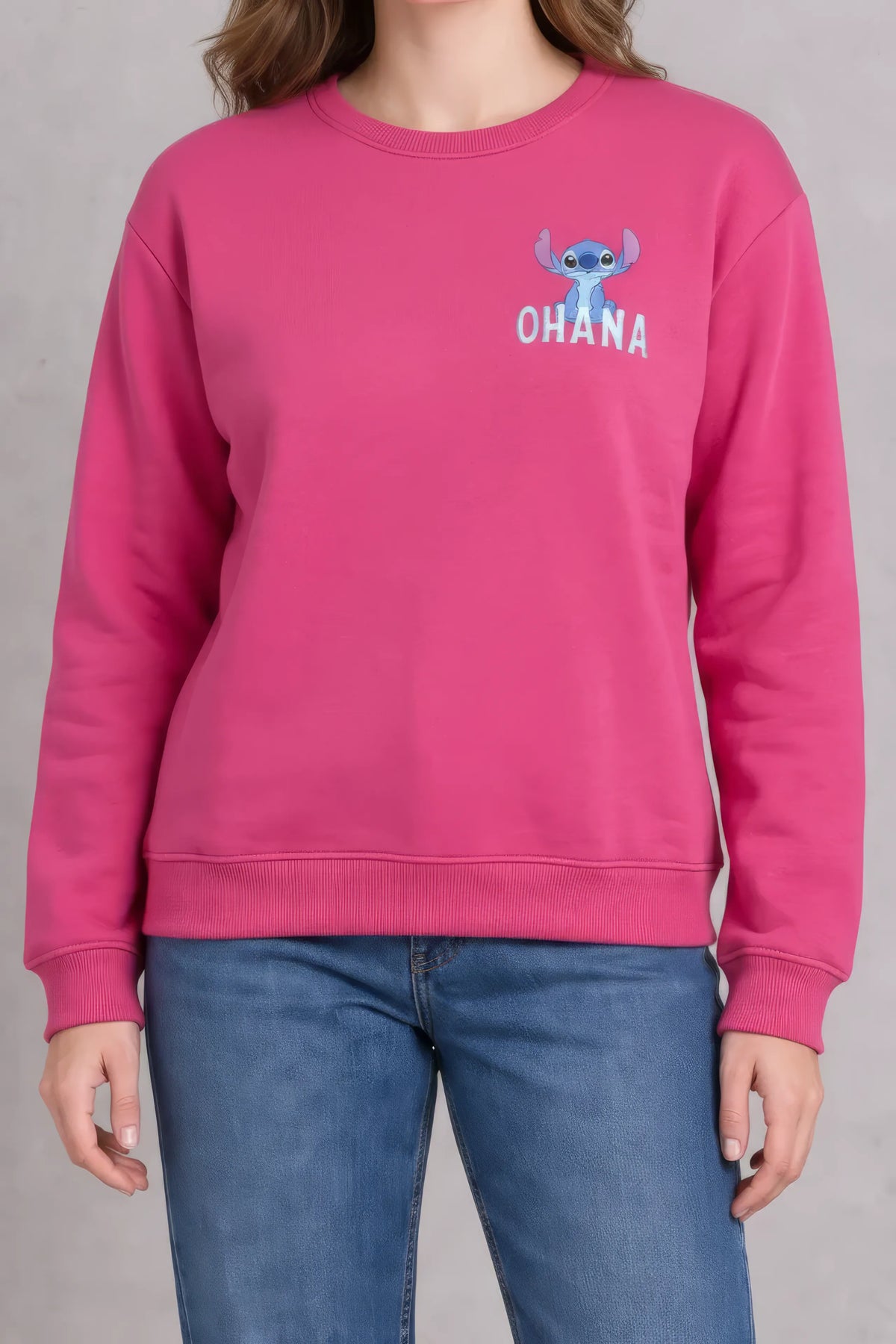 Women’s Hot Pink Disney Stitch Cotton Brushed Fleece Sweatshirt – Regular Fit