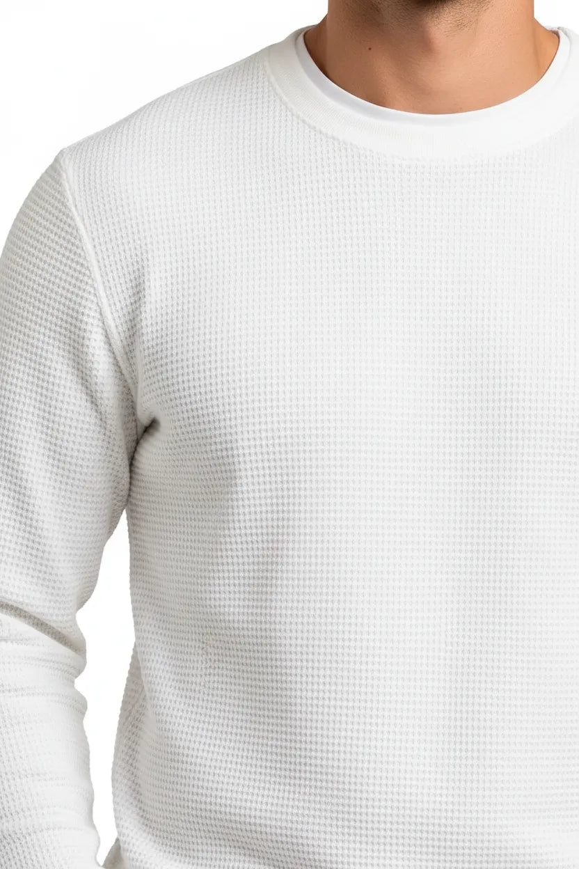 Men’s Off White Crew Neck Sweatshirt in Brushed Seersucker Fabric |