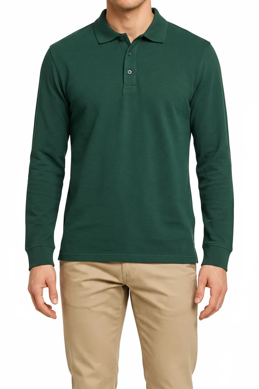 Men's Hunter Green Full Sleeve Cotton Pique Polo T-Shirt | Premium Pre-Winter Casual Polo