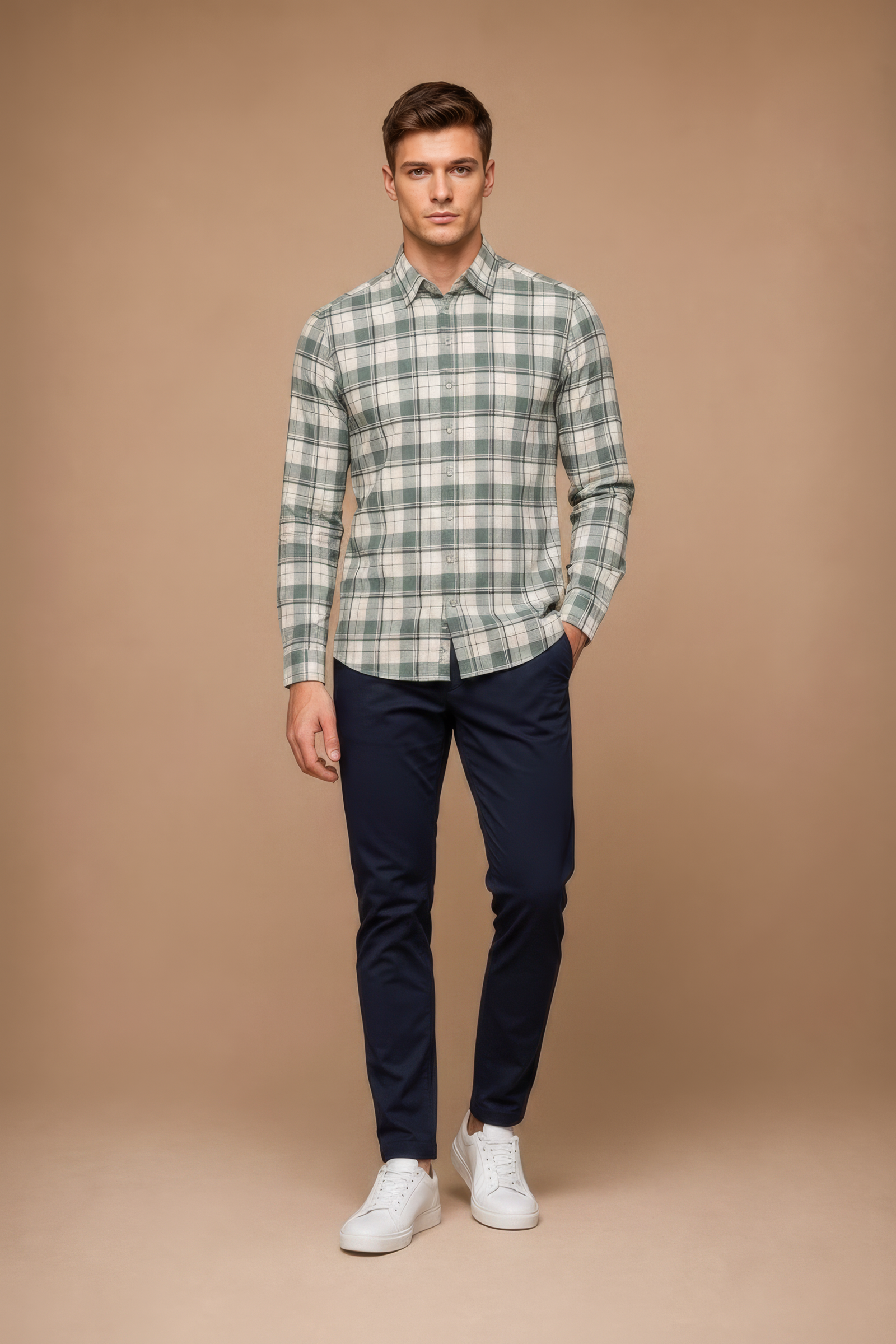 Men’s Fern Green Check Oxford Cotton Full-Sleeve Shirt