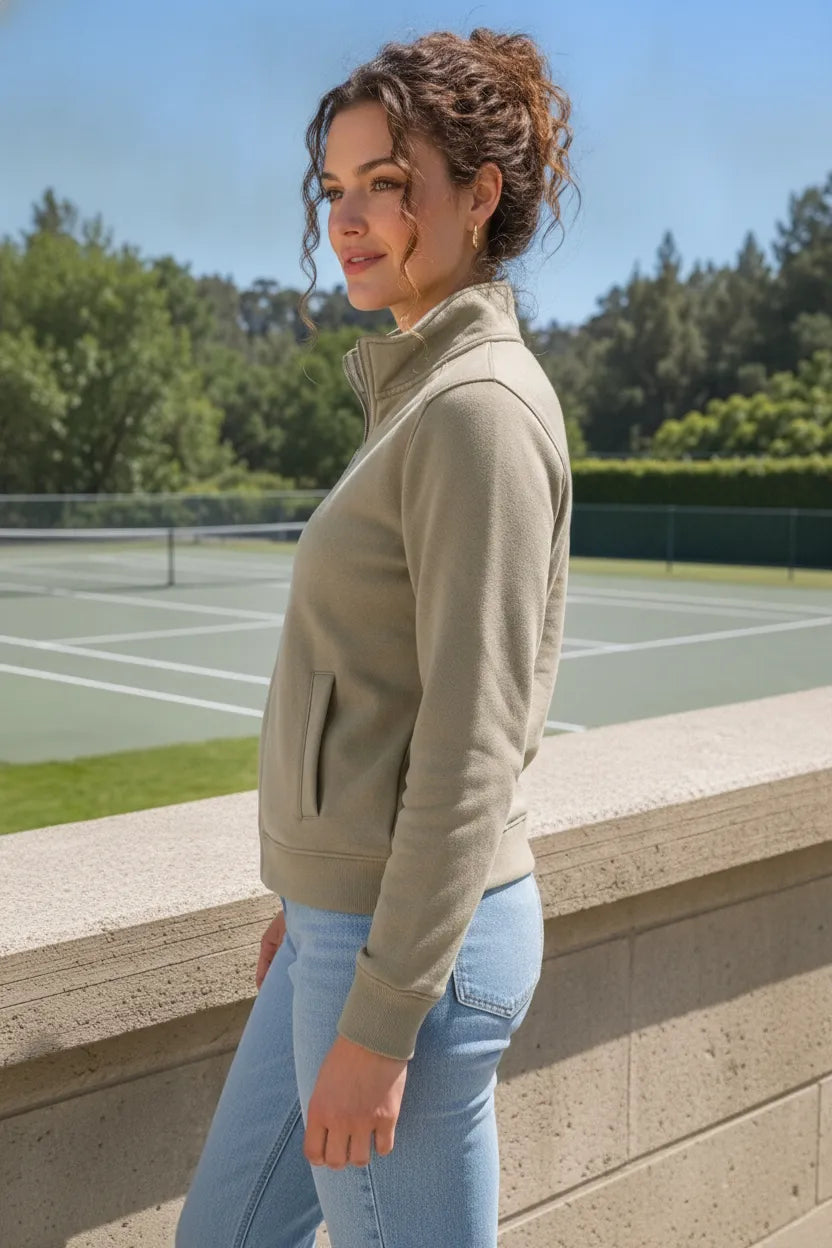 Women Natural Milange Cotton Blended German Velvet Full Zip | Standing Collar Winter Sweatshirt