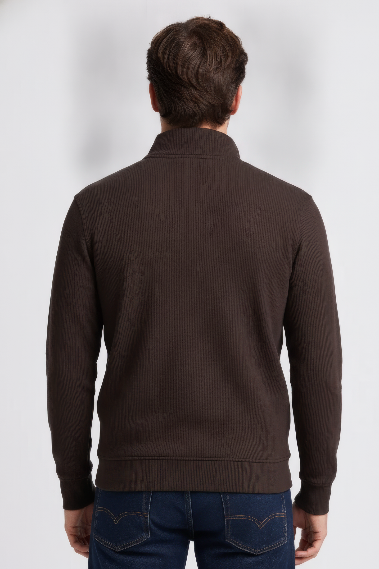 Men’s Espresso Brushed Seersucker Half Zip Sweatshirt with Standing Collar