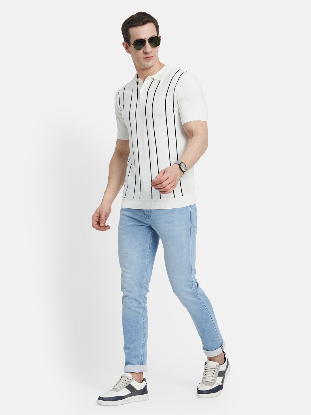 METTLE Men Striped Polo Collar Cotton T-shirt