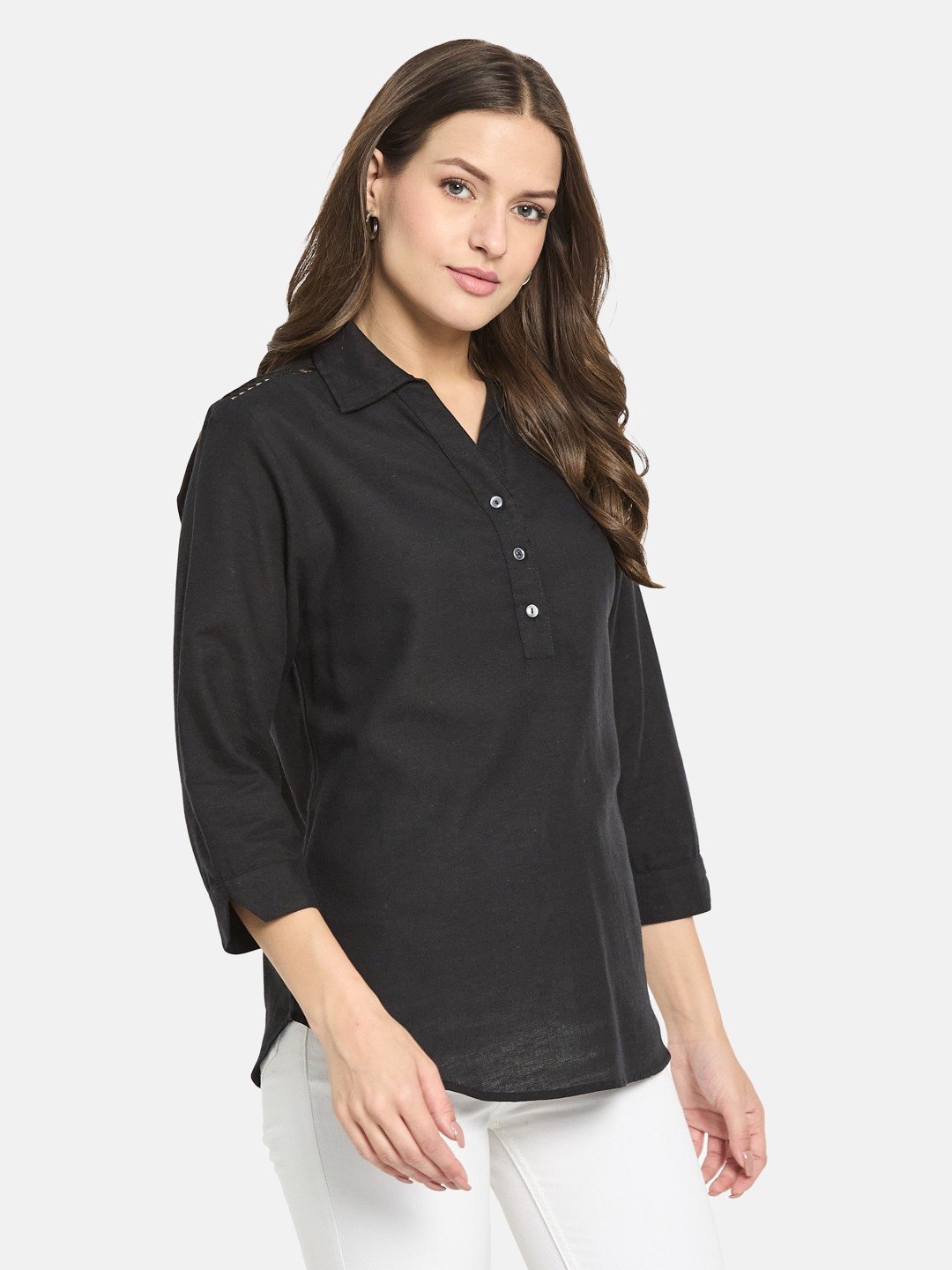 METTLE Women Black Cotton Shirt Collar Top