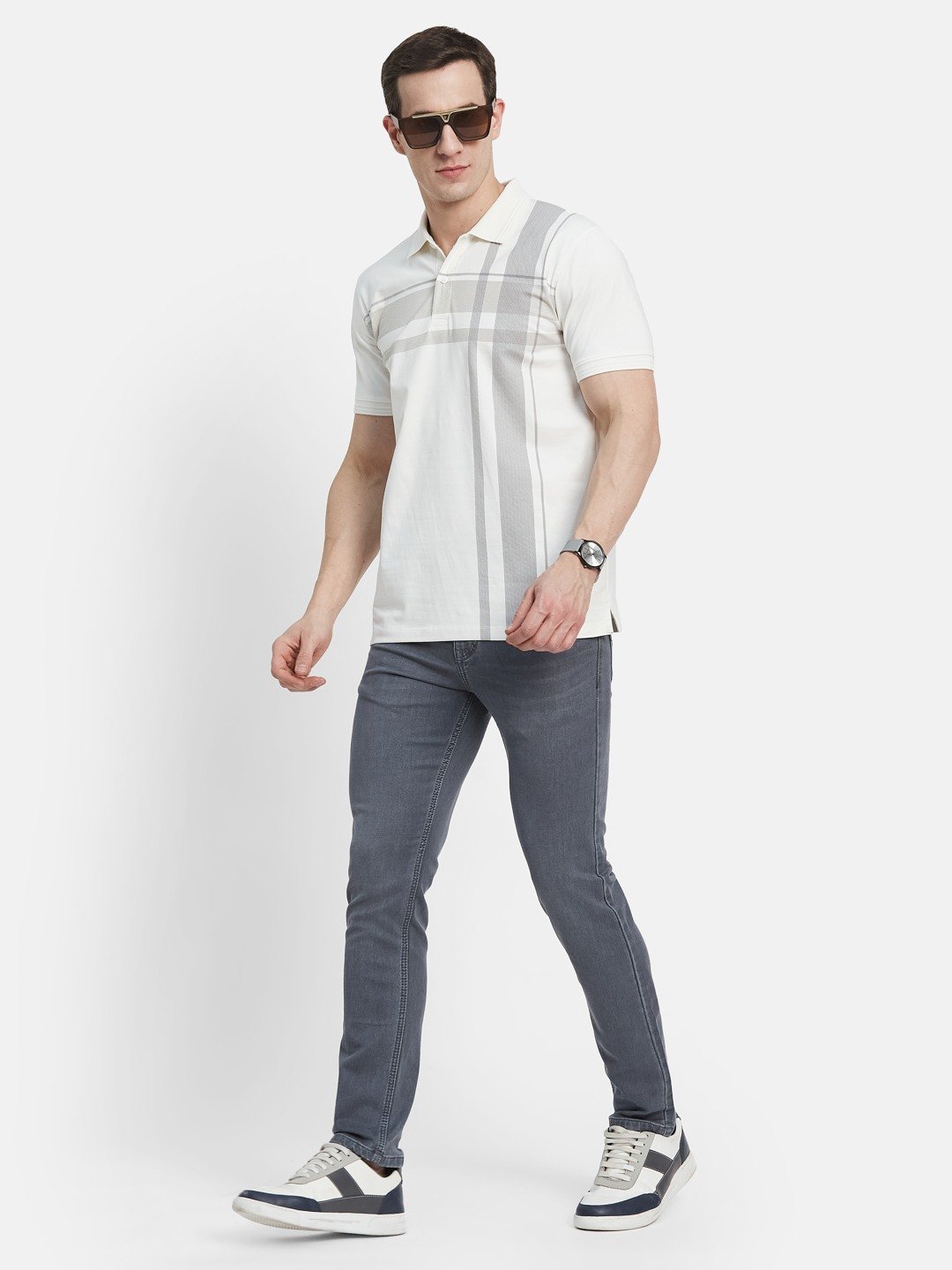 FRONT CHECK PRINT POLO NECK SINGLE JERSEY KNIT LYCRA T-SHIRT