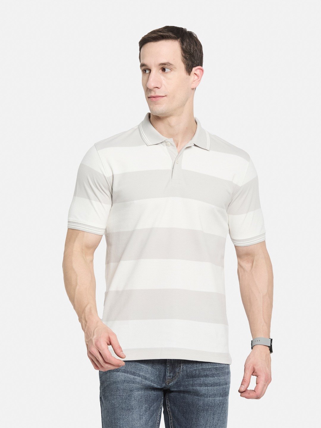 HORIZONTAL STRIPE POLO NECK POPCORN KNIT LYCRA  T-SHIRT