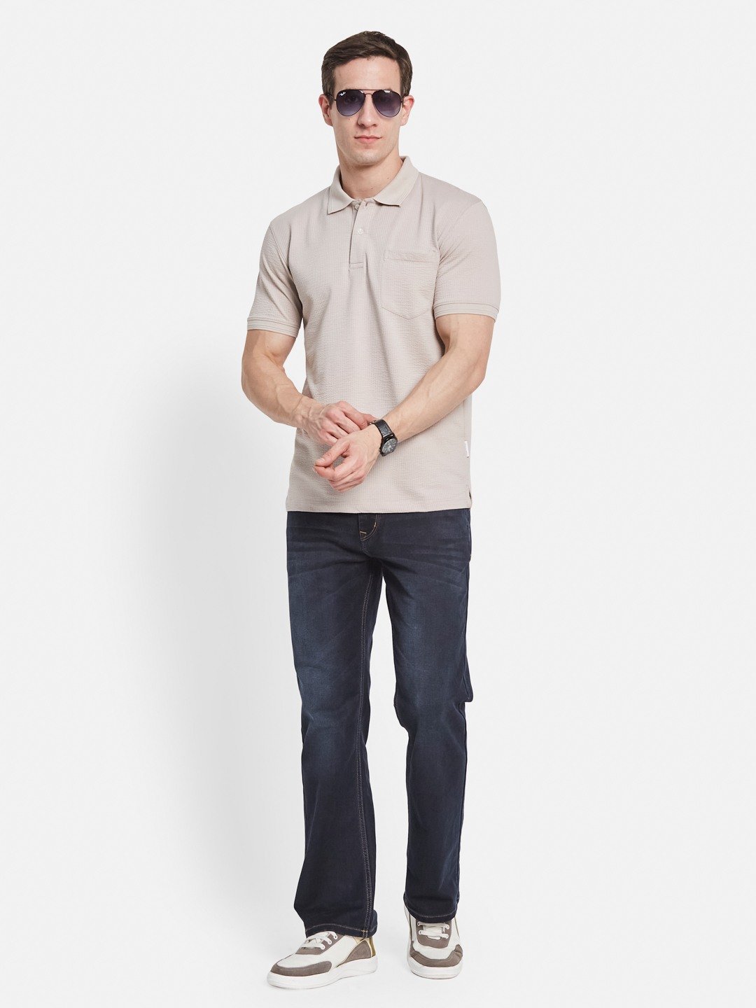 SOLID POLO NECK FRONT OPEN POCKET  SEER SUCKER T-SHIRT