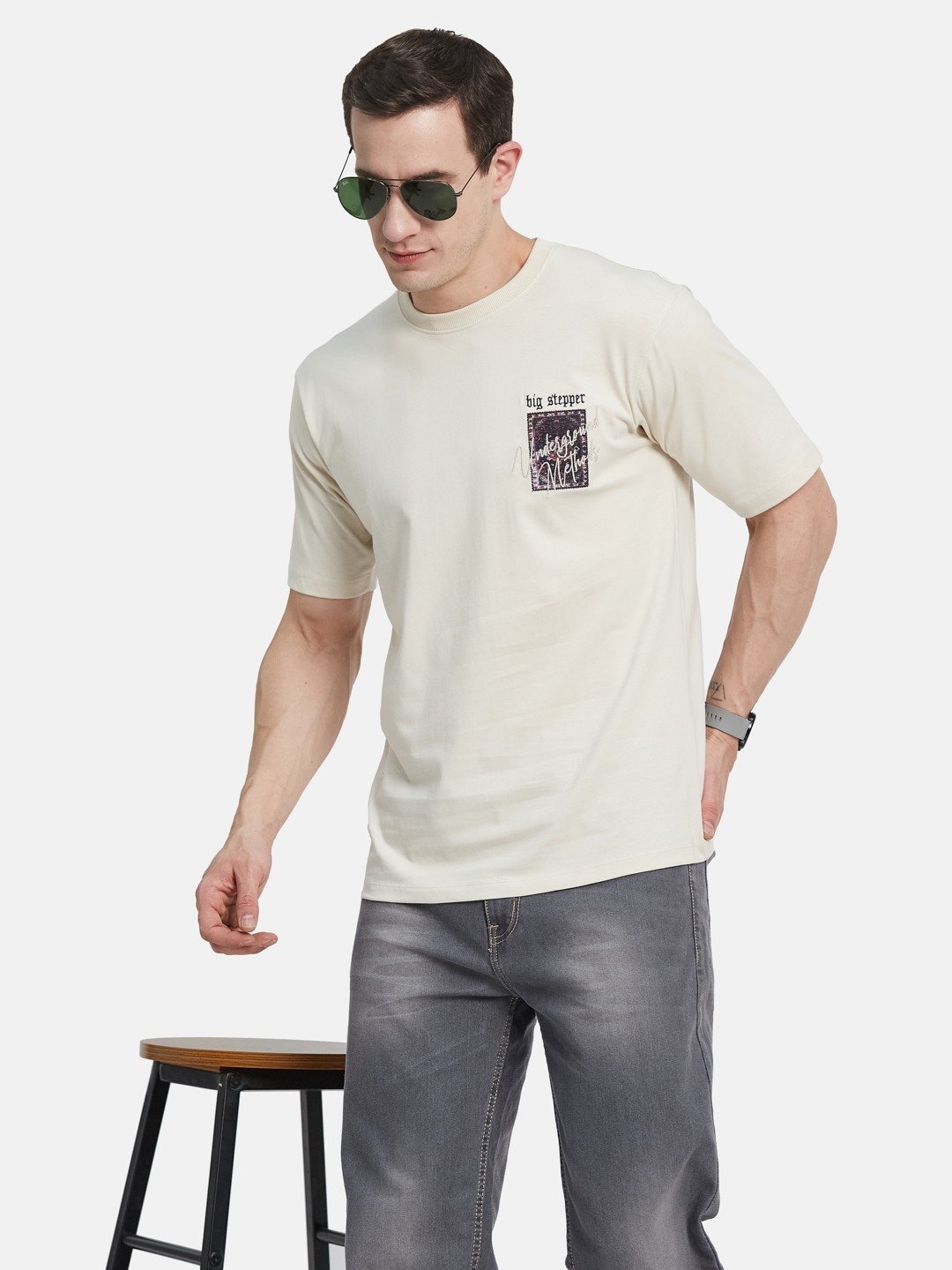 BACK  PRINT ROUND NECK SINGLE JERSEY KNIT T-SHIRT
