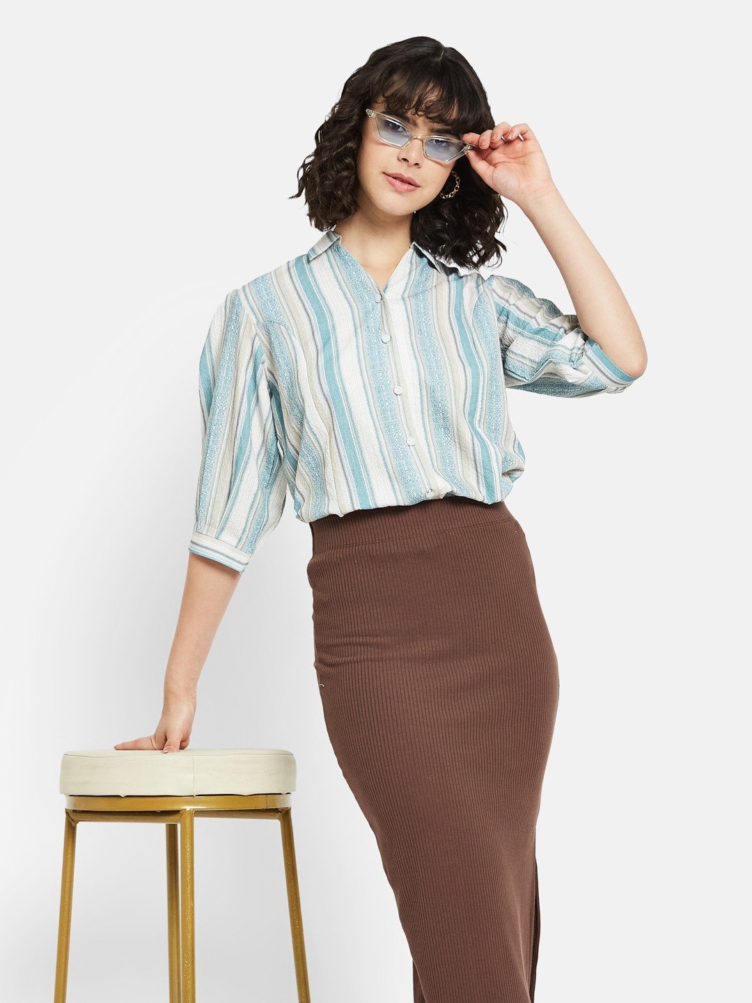 METTLE Women Spread Collar Vertical Striped Cotton Casual Shirt
