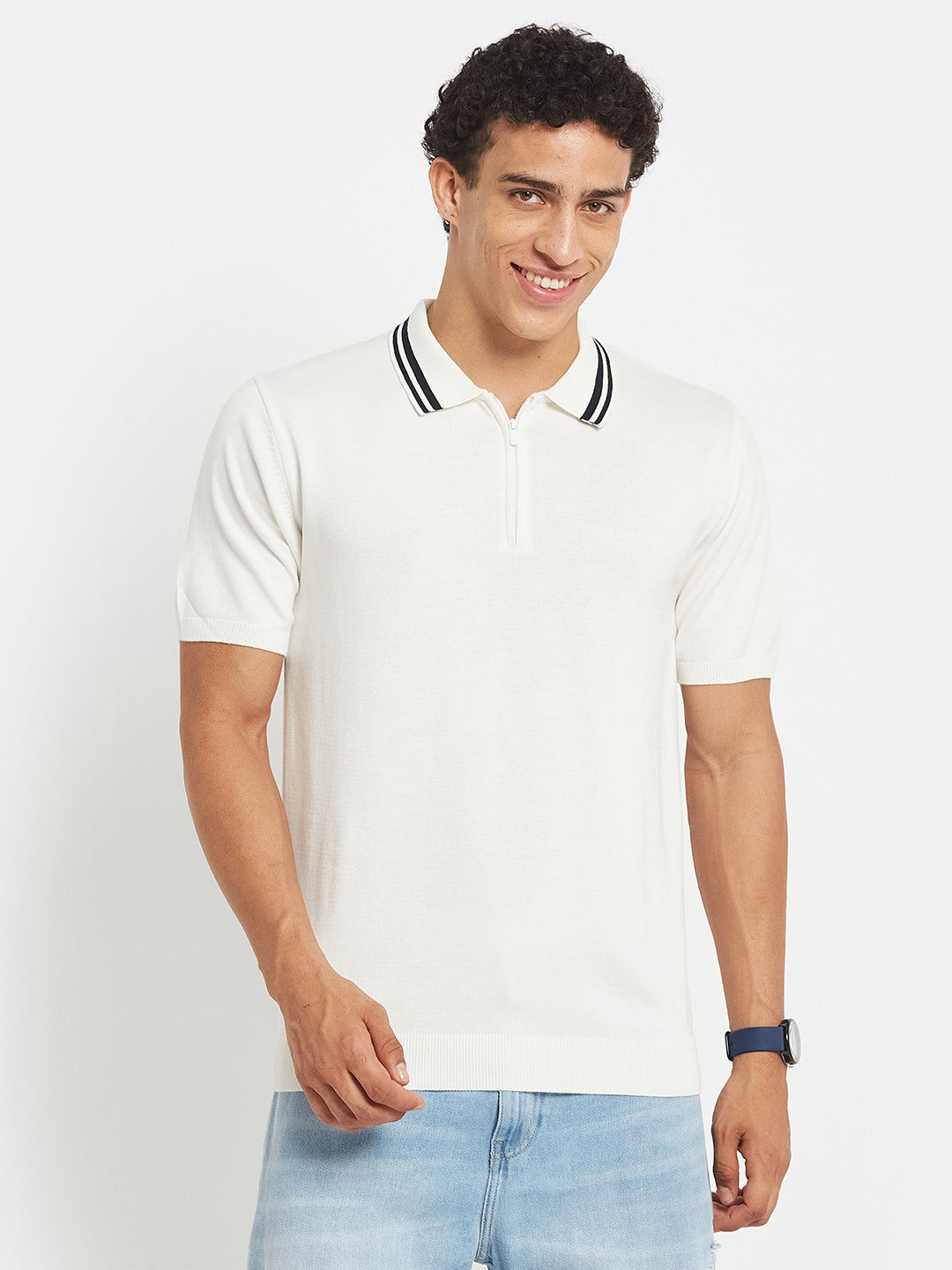 Octave Men White Polo Collar Short Sleeves Cotton T-shirt
