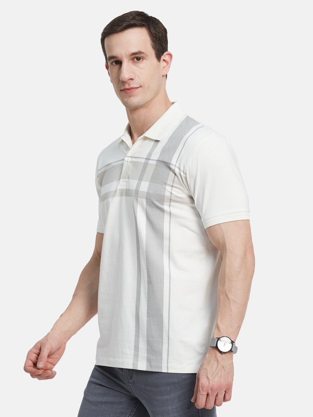 FRONT CHECK PRINT POLO NECK SINGLE JERSEY KNIT LYCRA T-SHIRT
