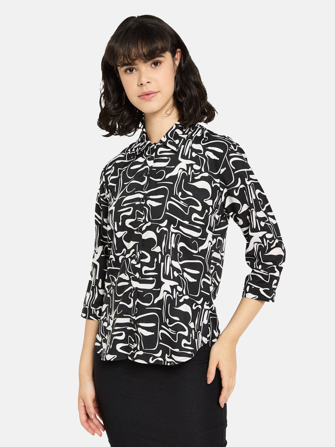 METTLE Women Black Abstract Printed Spread Collar Cotton Casual Shirt