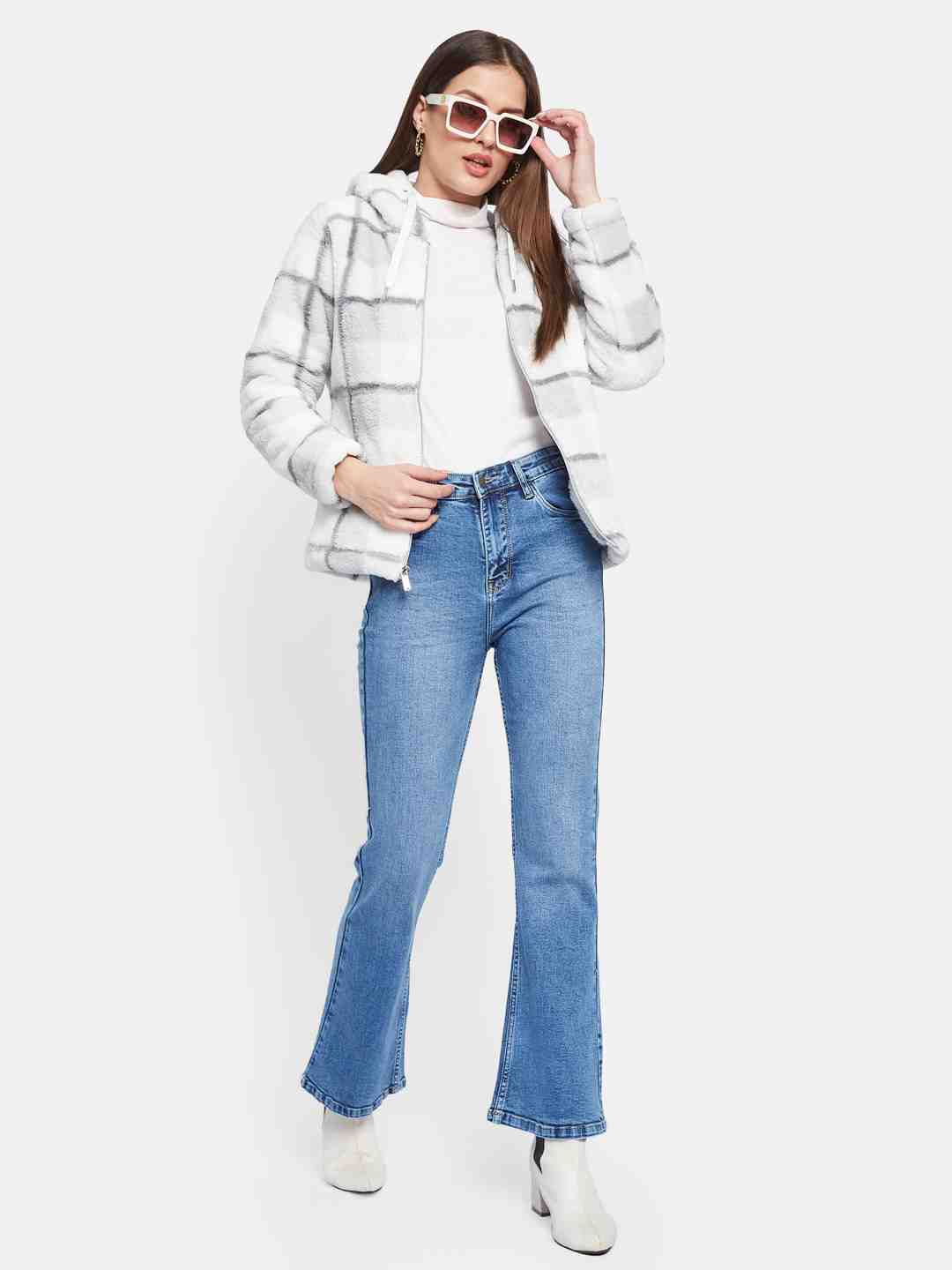 METTLE Women Checked Hooded Sweatshirt