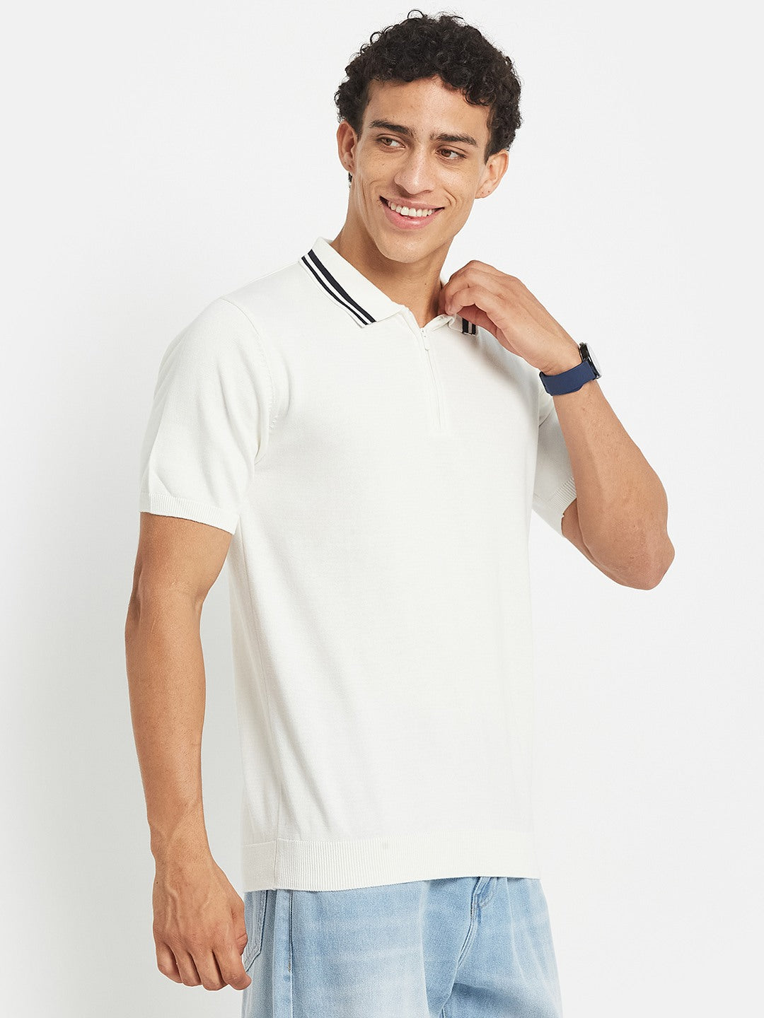 Octave Men White Polo Collar Short Sleeves Cotton T-shirt
