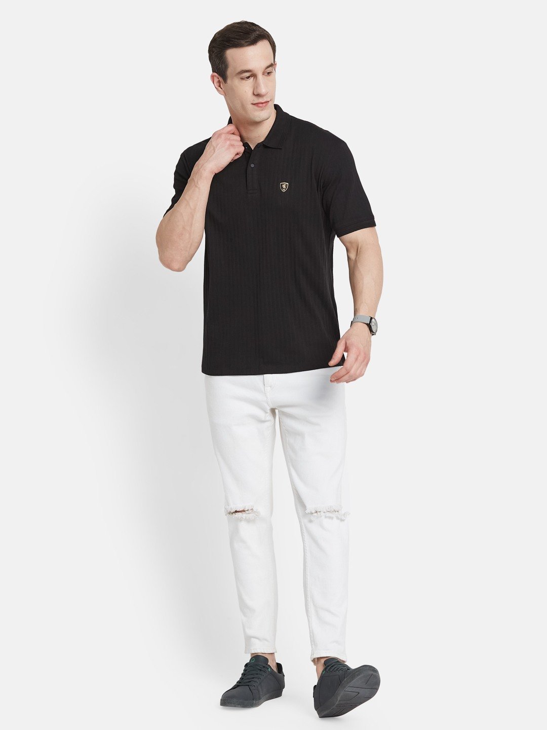VERTICAL STRIPE POLO NECK RIB STRUCTURE T-SHIRT