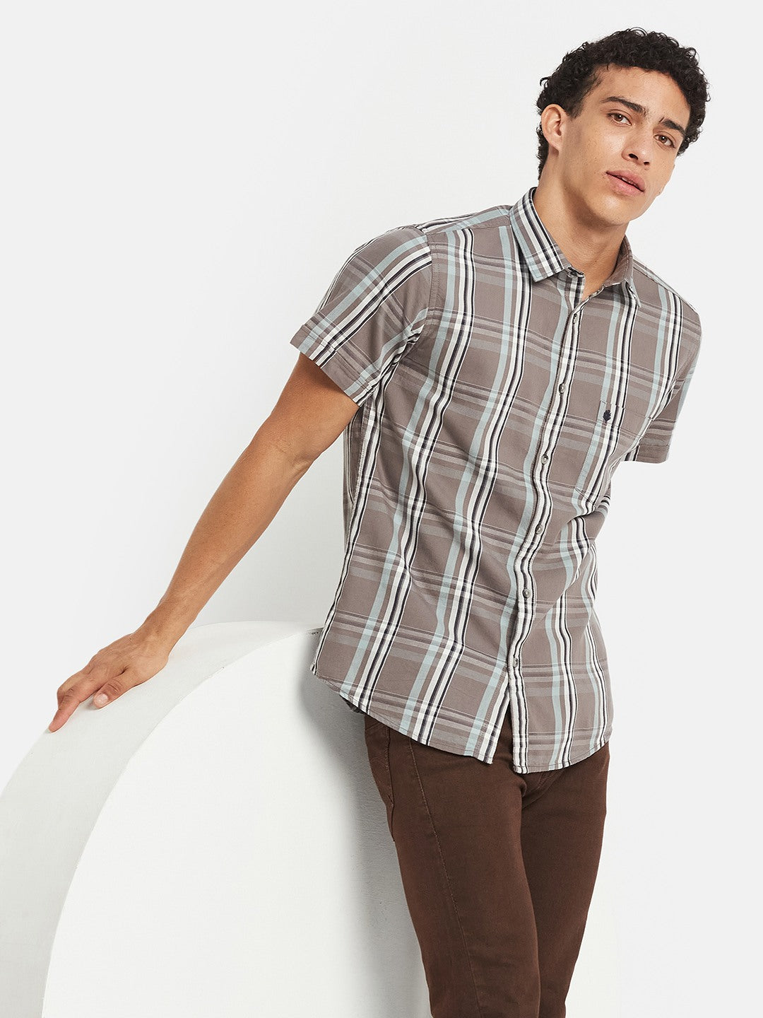 METTLE Men Tartan Checked Spread Collar Cotton Casual Shirt
