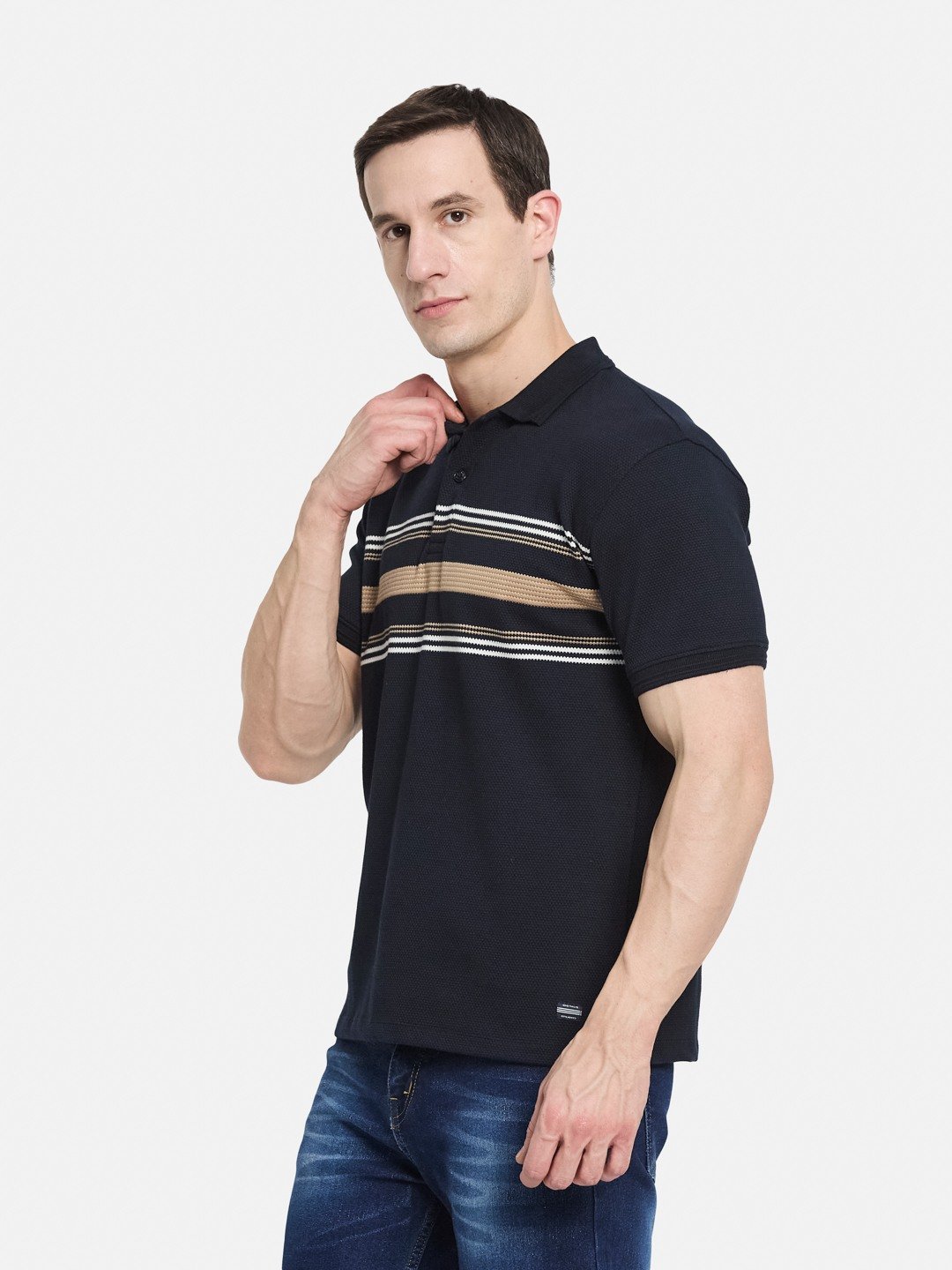 HORIZONTAL STRIPE POLO NECK POPCORN KNIT  T-SHIRT