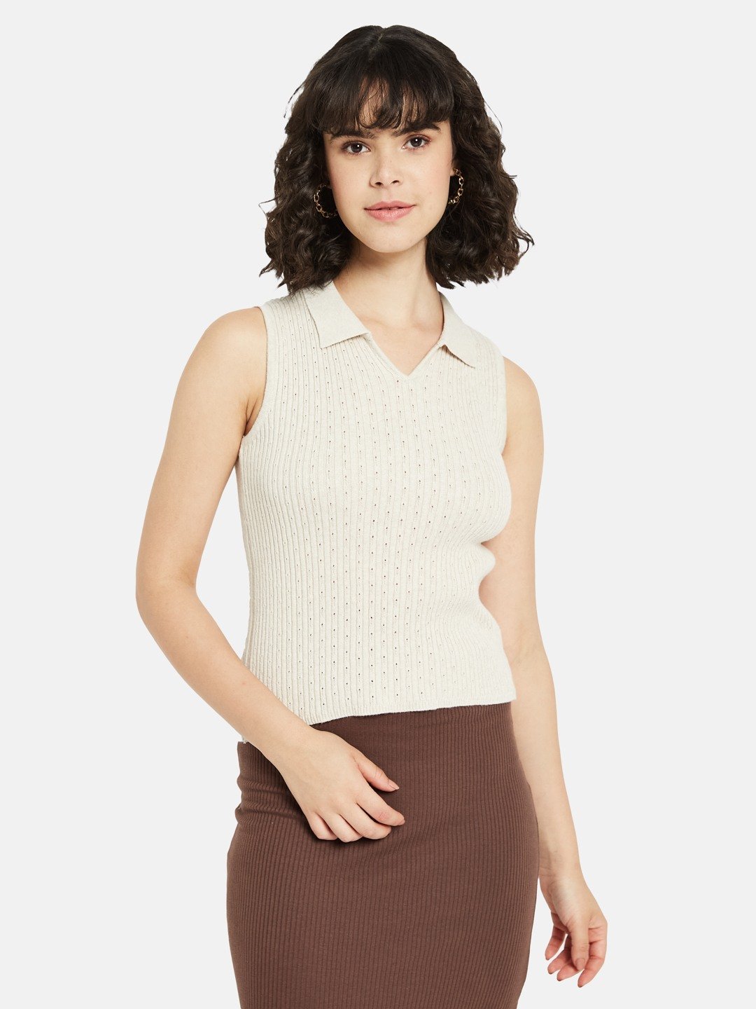METTLE Women Self Design Shirt Collar Sleeveless Top