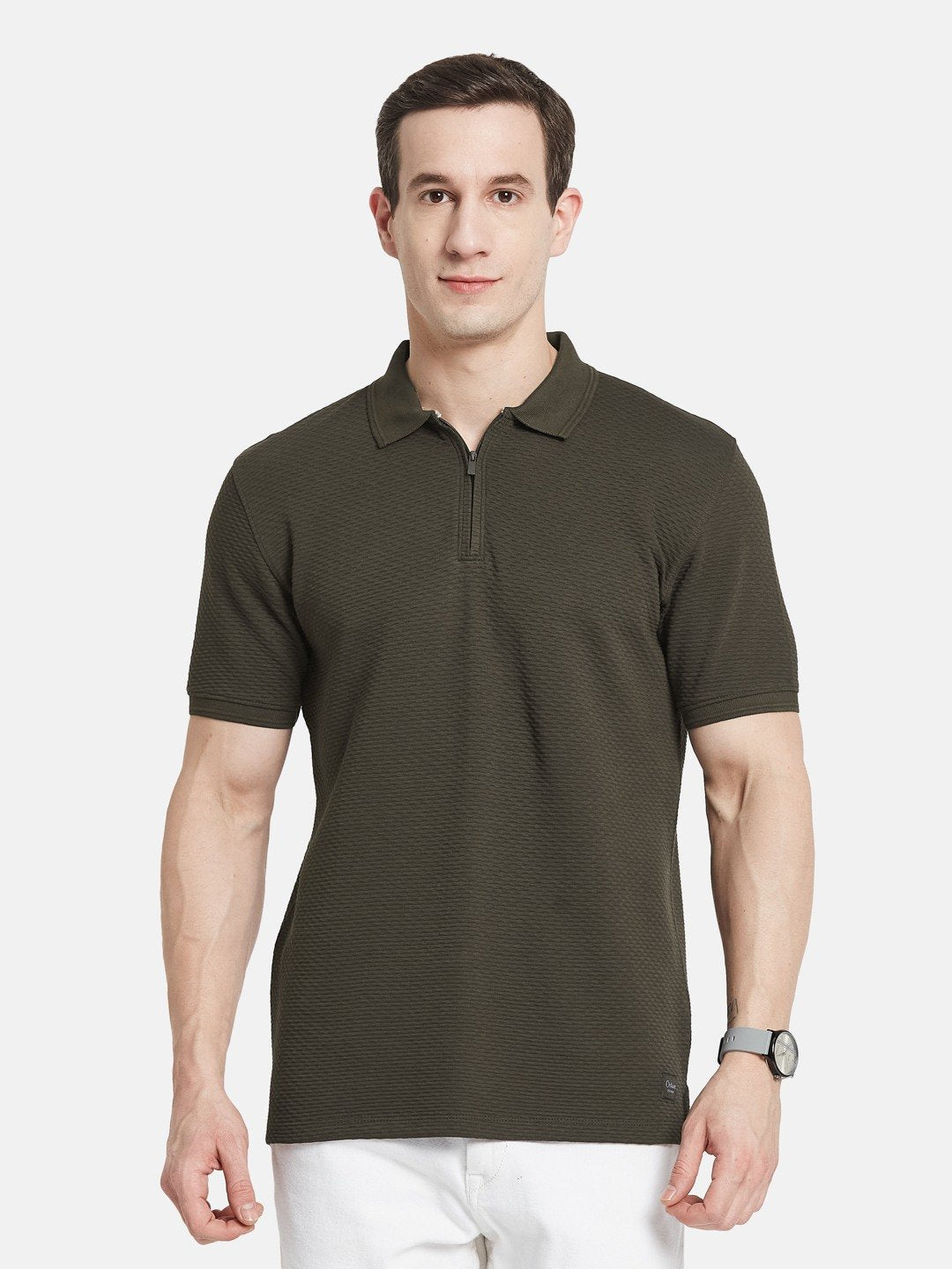 STRUCTURE HALF-ZIP POLO NECK POPCORN KNIT  T-SHIRT