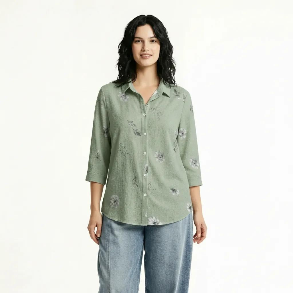 Women Pistachio Floral Printed Casual Shirt