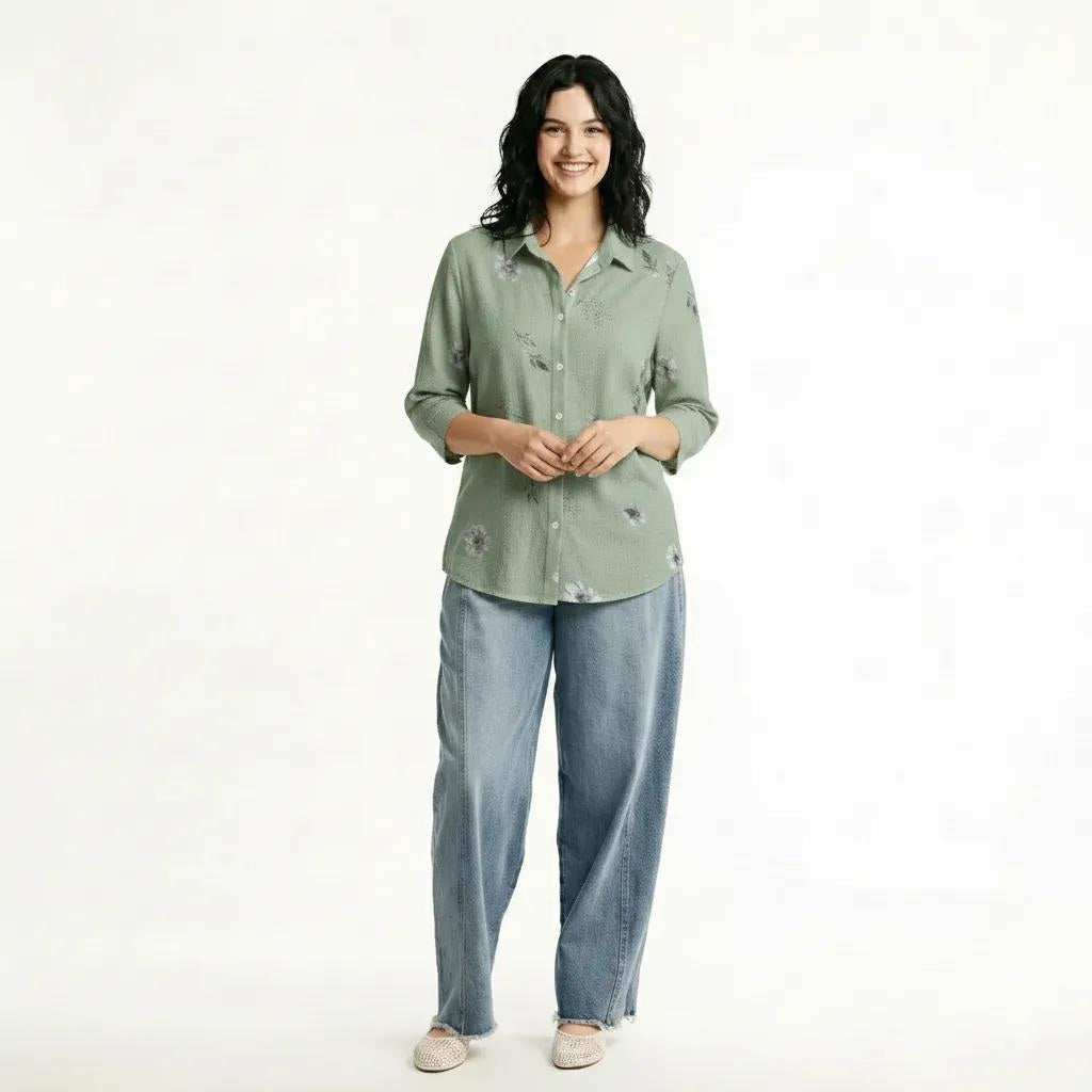 Women Pistachio Floral Printed Casual Shirt