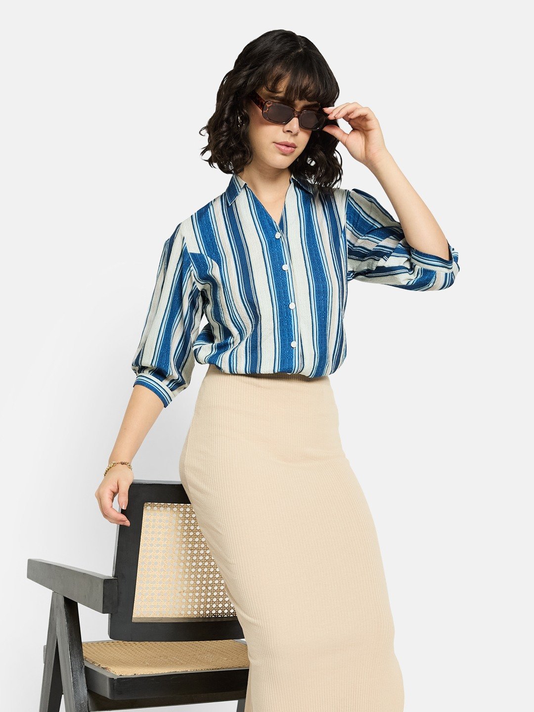 METTLE Women Spread Collar Vertical Striped Cotton Casual Shirt
