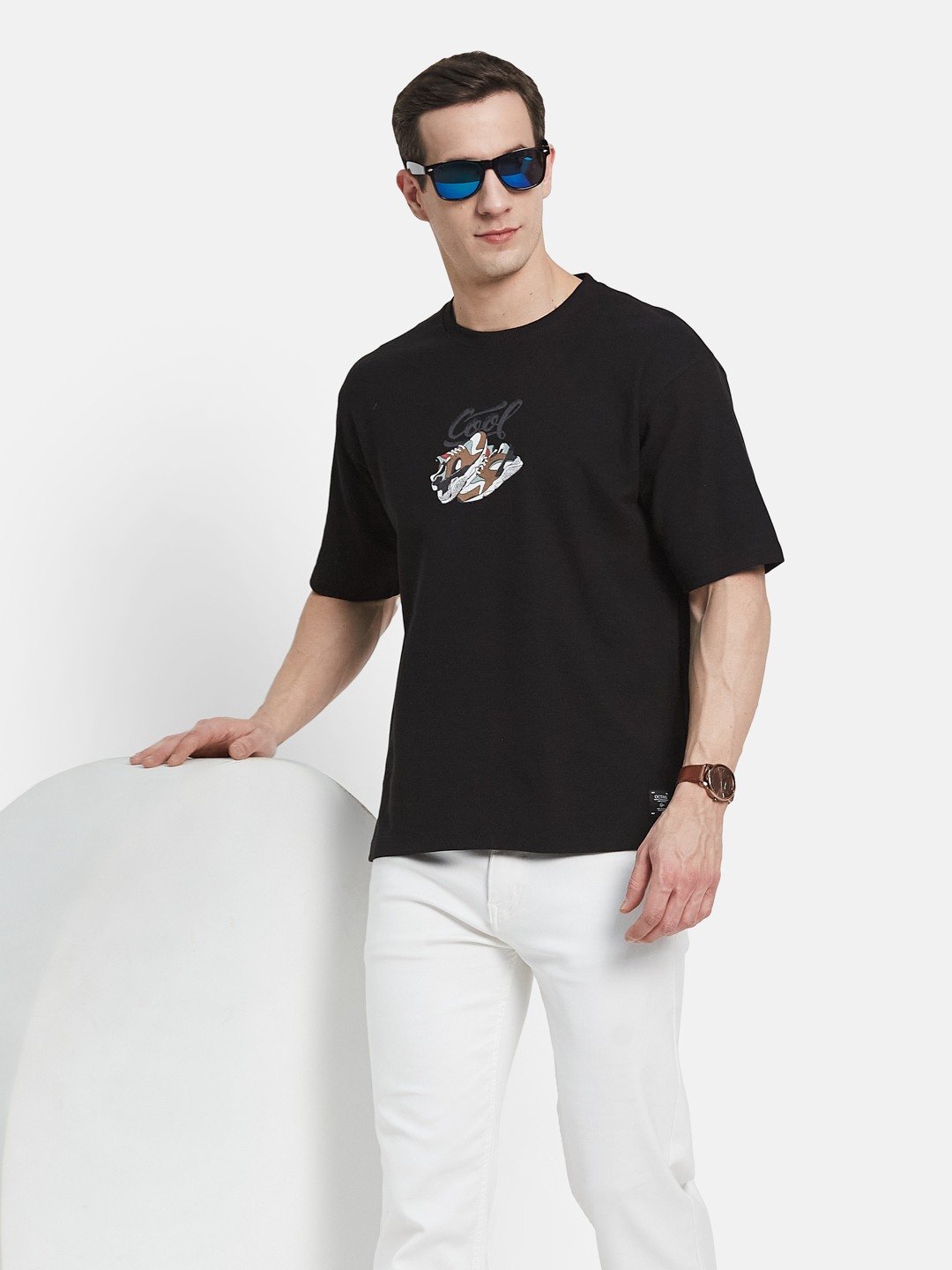 BACK PRINT ROUND NECK WAFFLE KNIT T-SHIRT