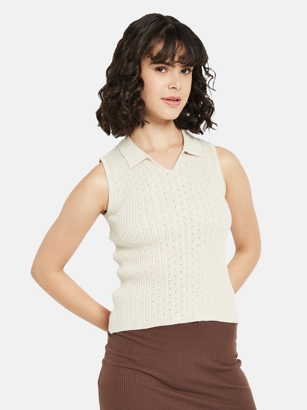 METTLE Women Self Design Shirt Collar Sleeveless Top