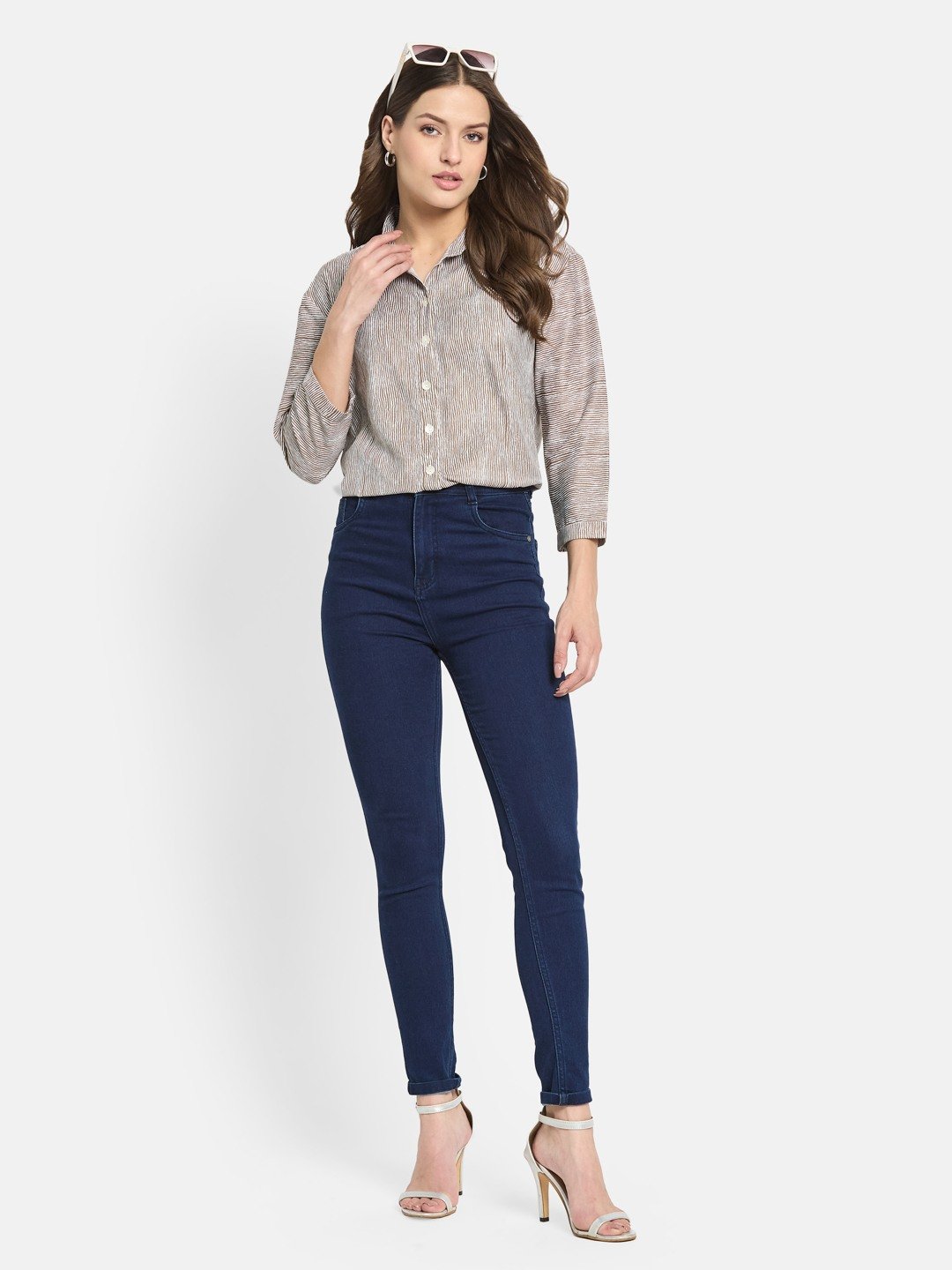METTLE Women Olive Shirt Collar Striped Cotton Top