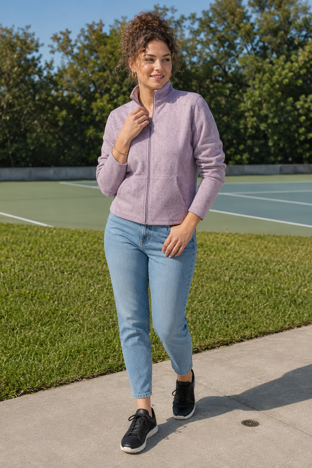 Women Levender Milange Cotton Blended German Velvet Full Zip | Standing Collar Winter Sweatshirt